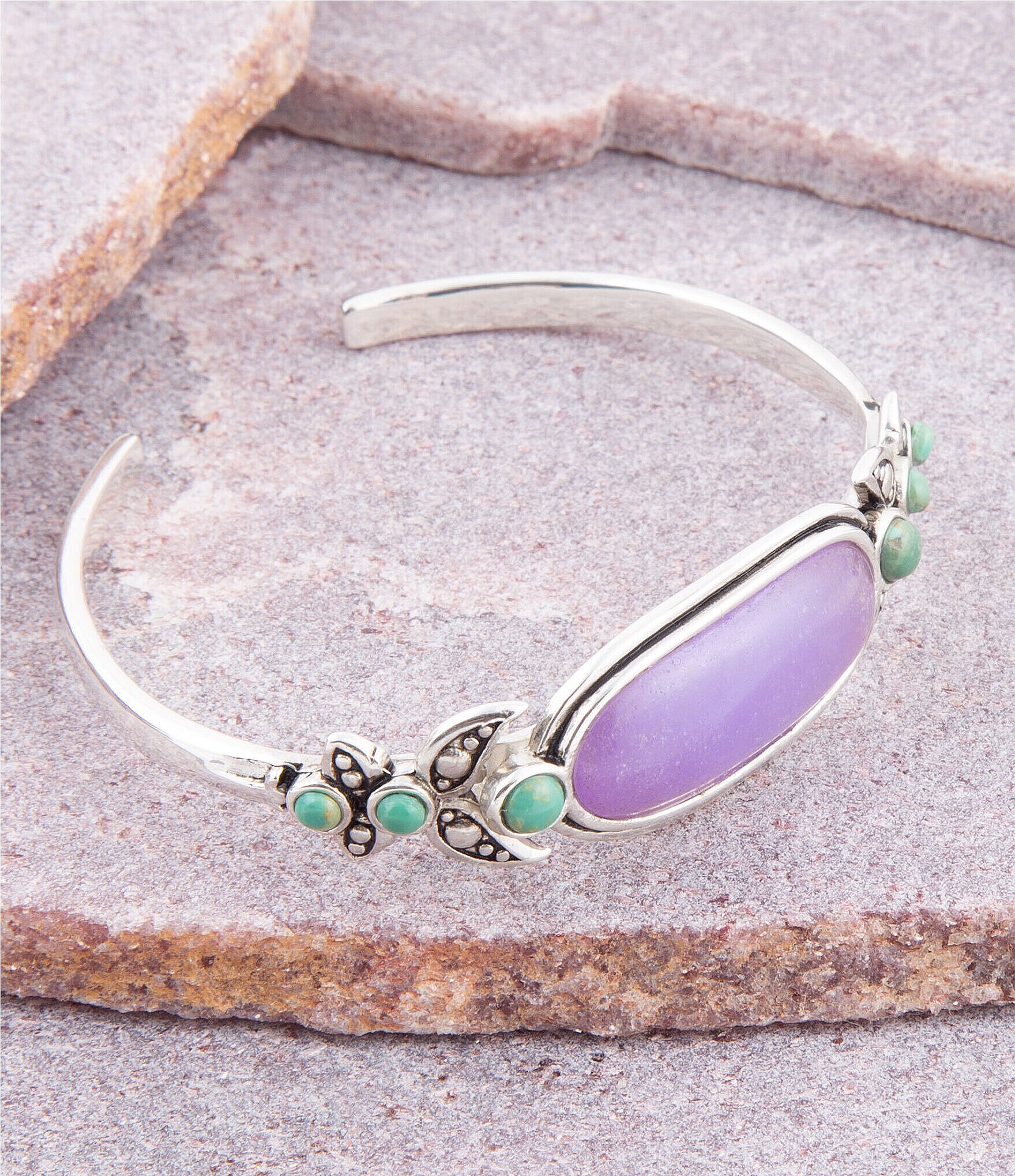 Barse Sterling Silver and Genuine Quartz & Turquoise Stone Southewest Floral Cuff Bracelet