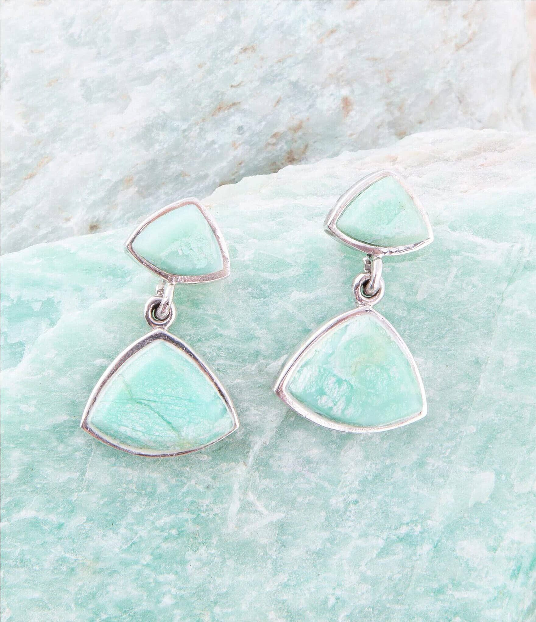 Barse Sterling Silver and Genuine Stone Chrysoprase Triangle Drop Earrings