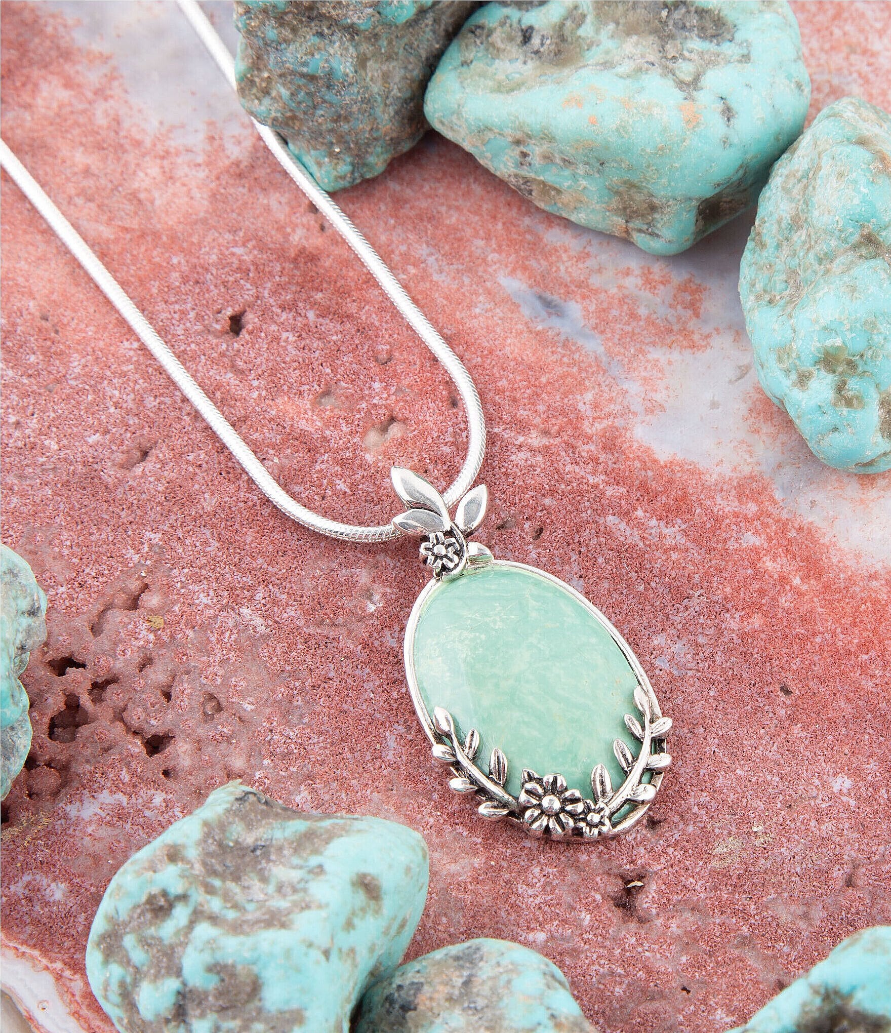 Barse Sterling Silver and Genuine Stone Turquoise Floral Pendant Necklace