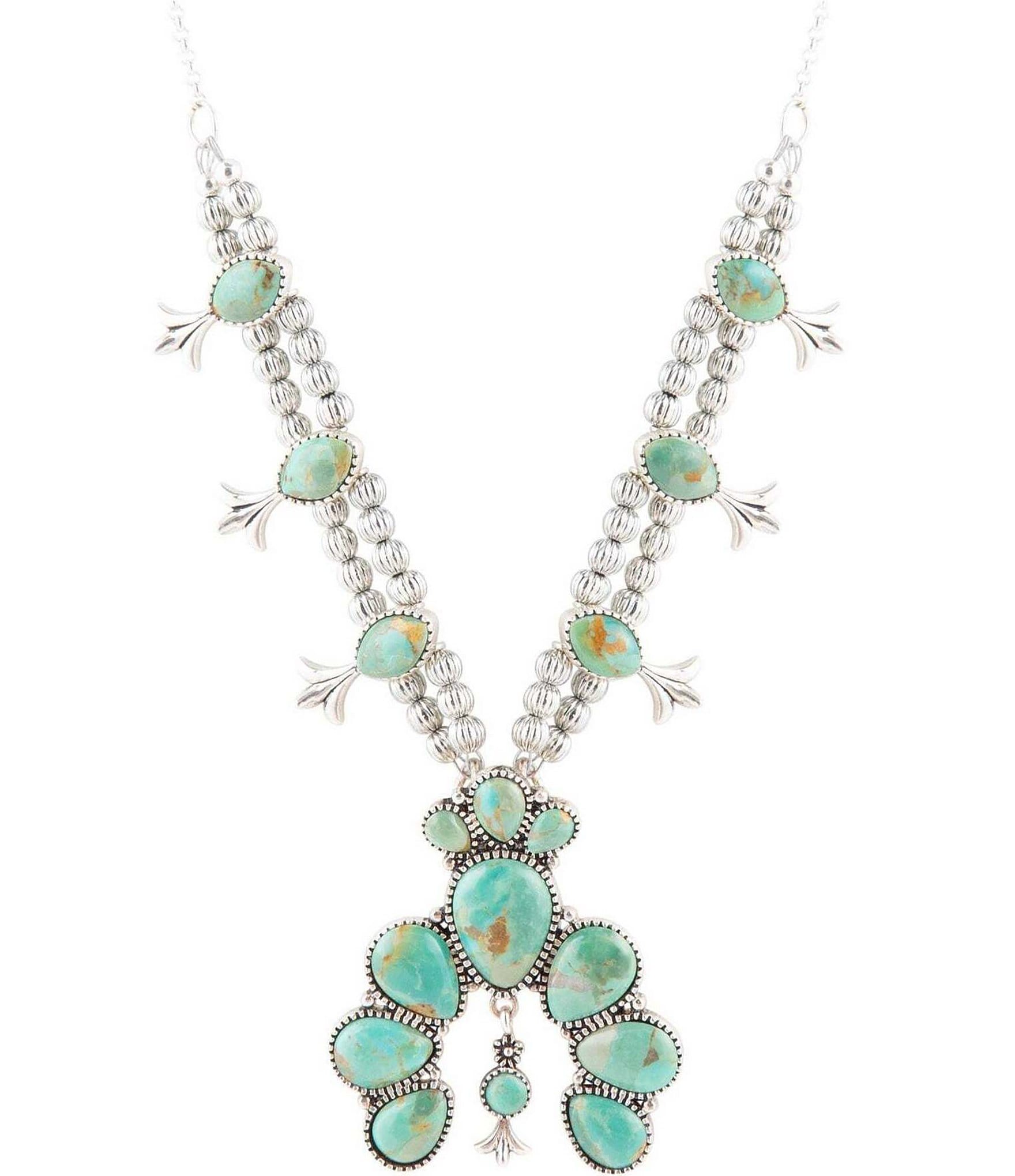 Barse Sterling Silver and Genuine Stone Turquoise Squash Blossom Pendant Necklace