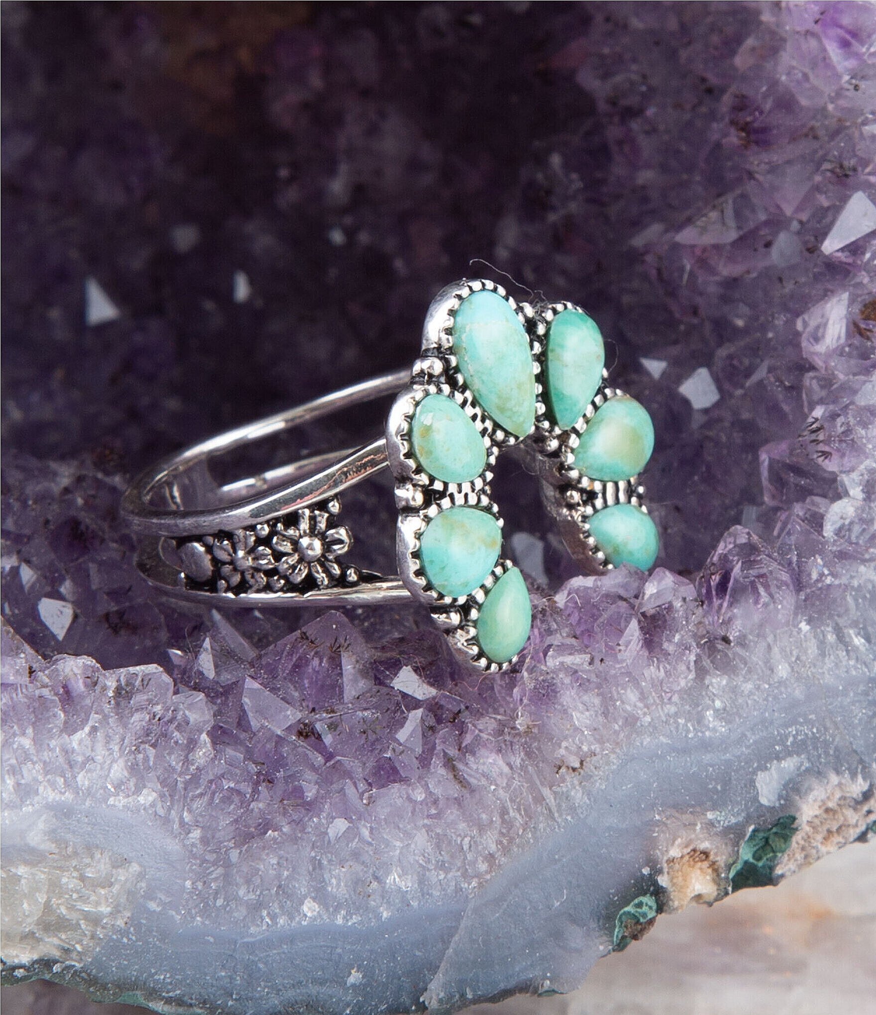 Barse Sterling Silver and Genuine Stone Turquoise Squash Blossom Statement Ring