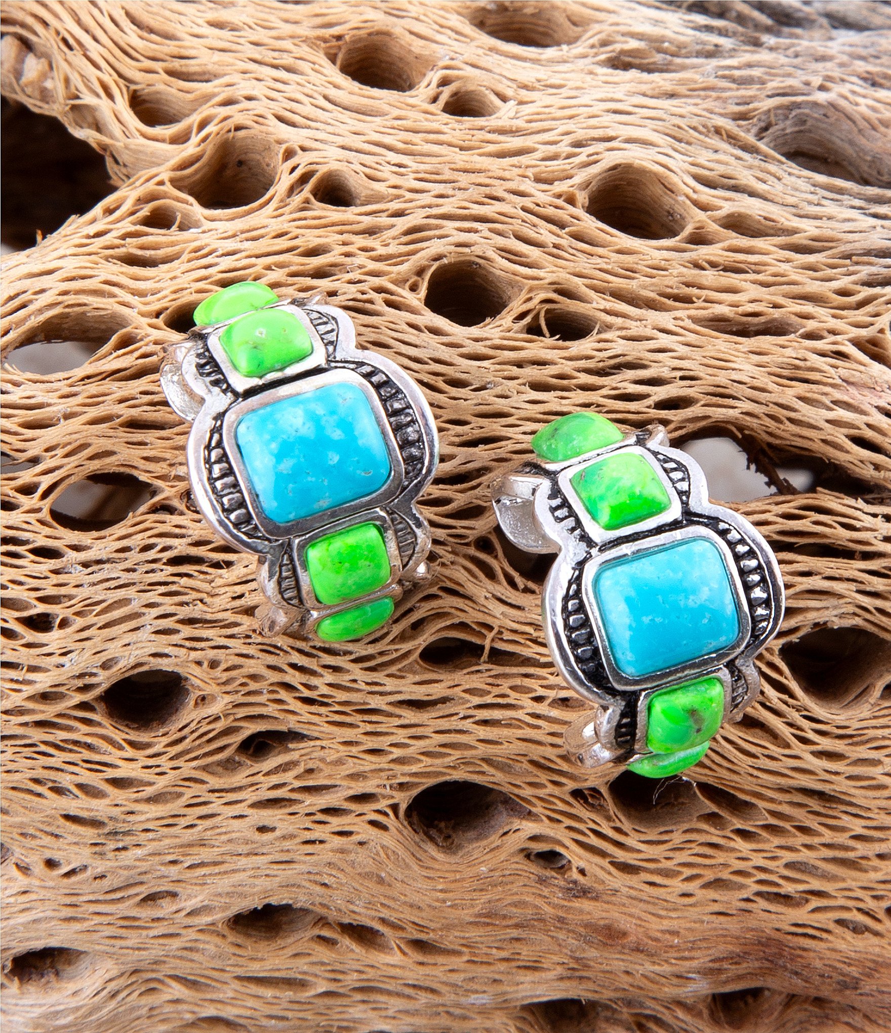 Barse Sterling Silver and Genuine Blue and Green Turquoise Stone Hoop Earrings