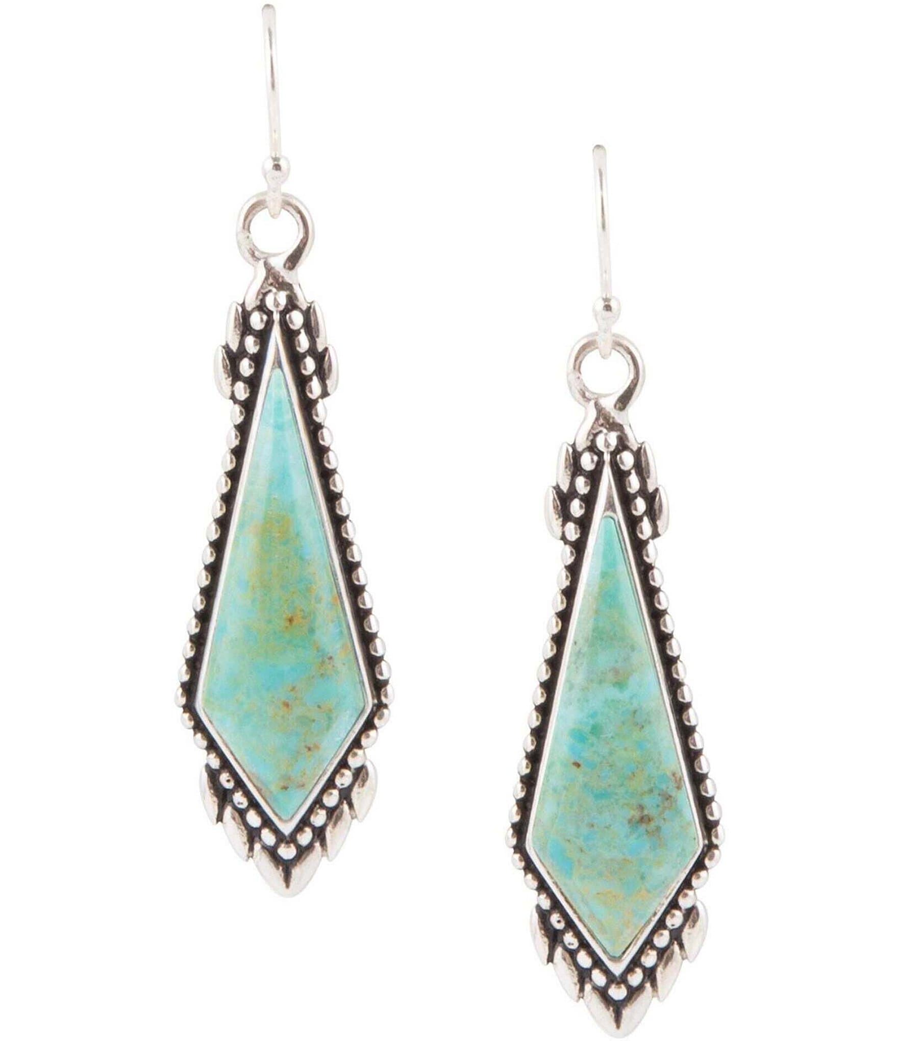 Barse Sterling Silver and Genuine Turquoise Long Diamond Drop Earrings