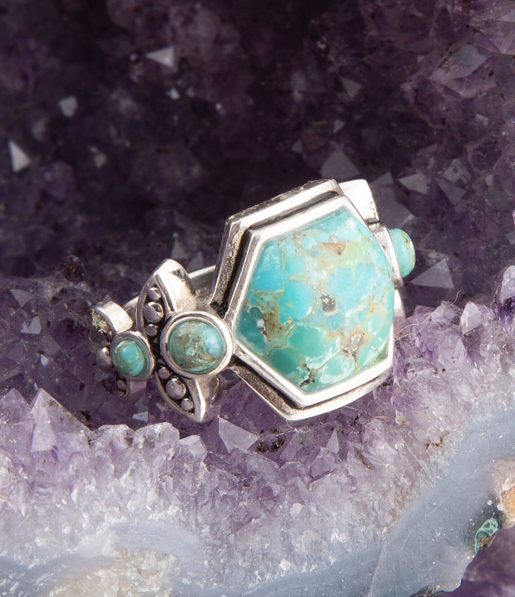 Barse Sterling Silver and Genuine Turquoise Southwest Floral Band Ring