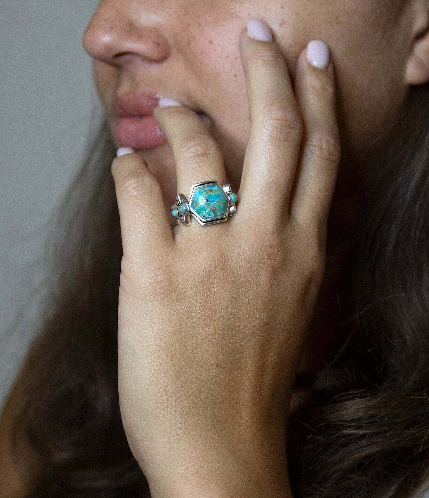 Barse Sterling Silver and Genuine Turquoise Southwest Floral Band Ring