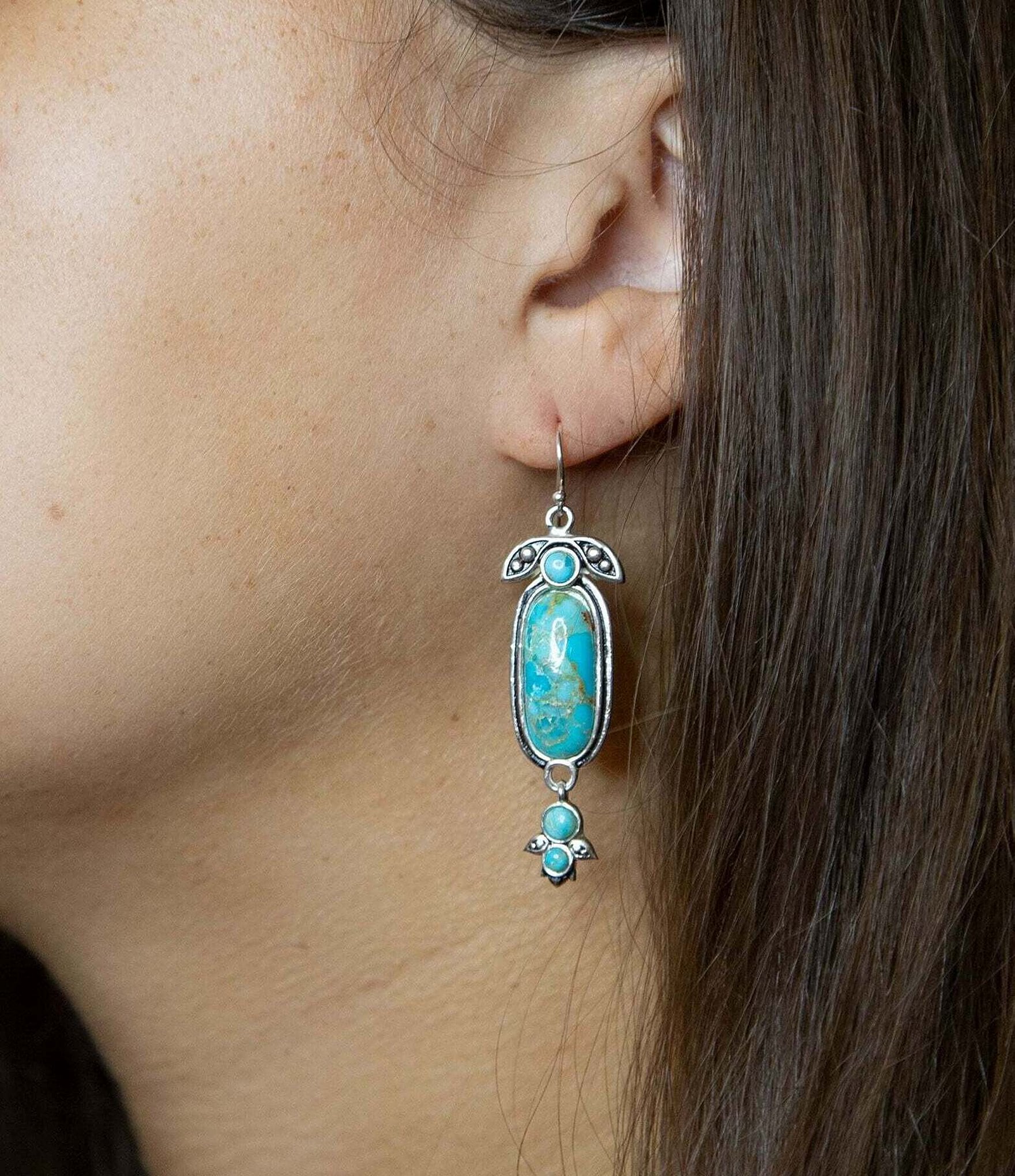 Barse Sterling Silver and Genuine Turquoise Southwest Floral Drop Earrings