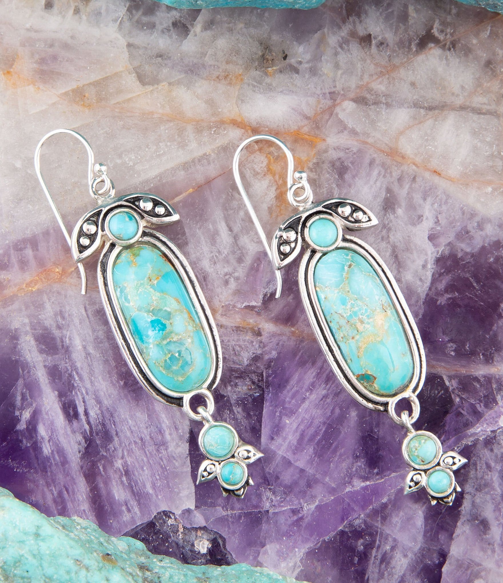 Barse Sterling Silver and Genuine Turquoise Southwest Floral Drop Earrings