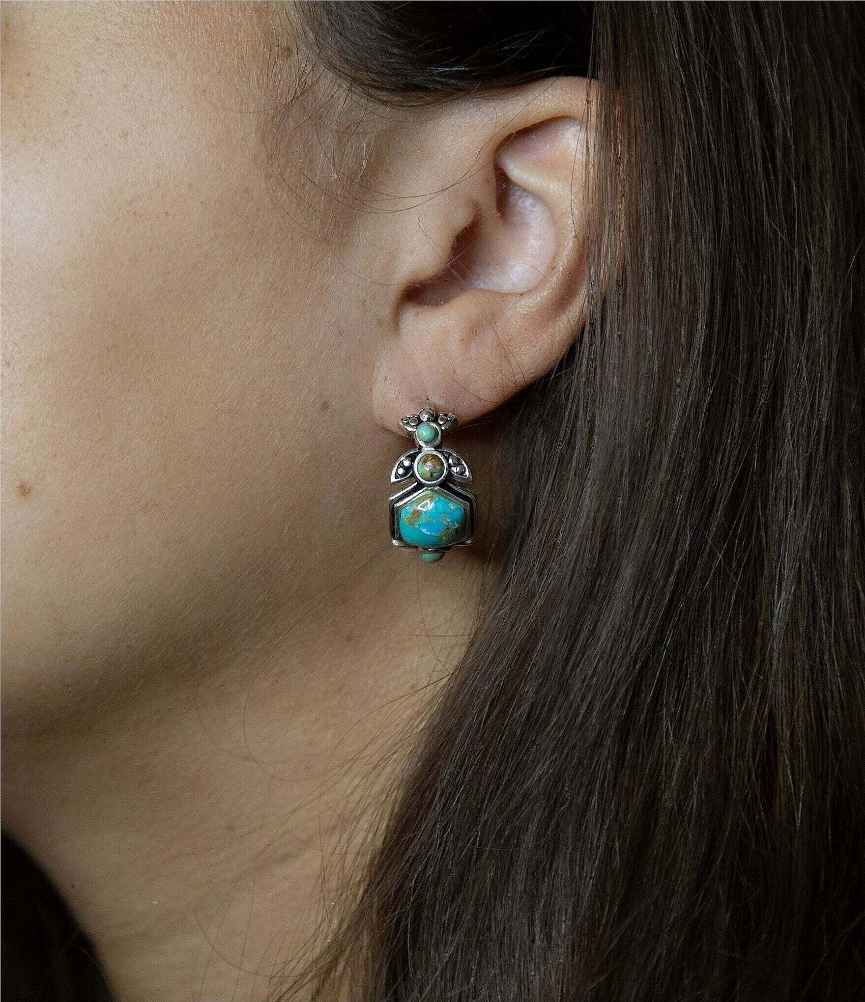 Barse Sterling Silver and Genuine Turquoise Southwest Floral Hoop Earrings