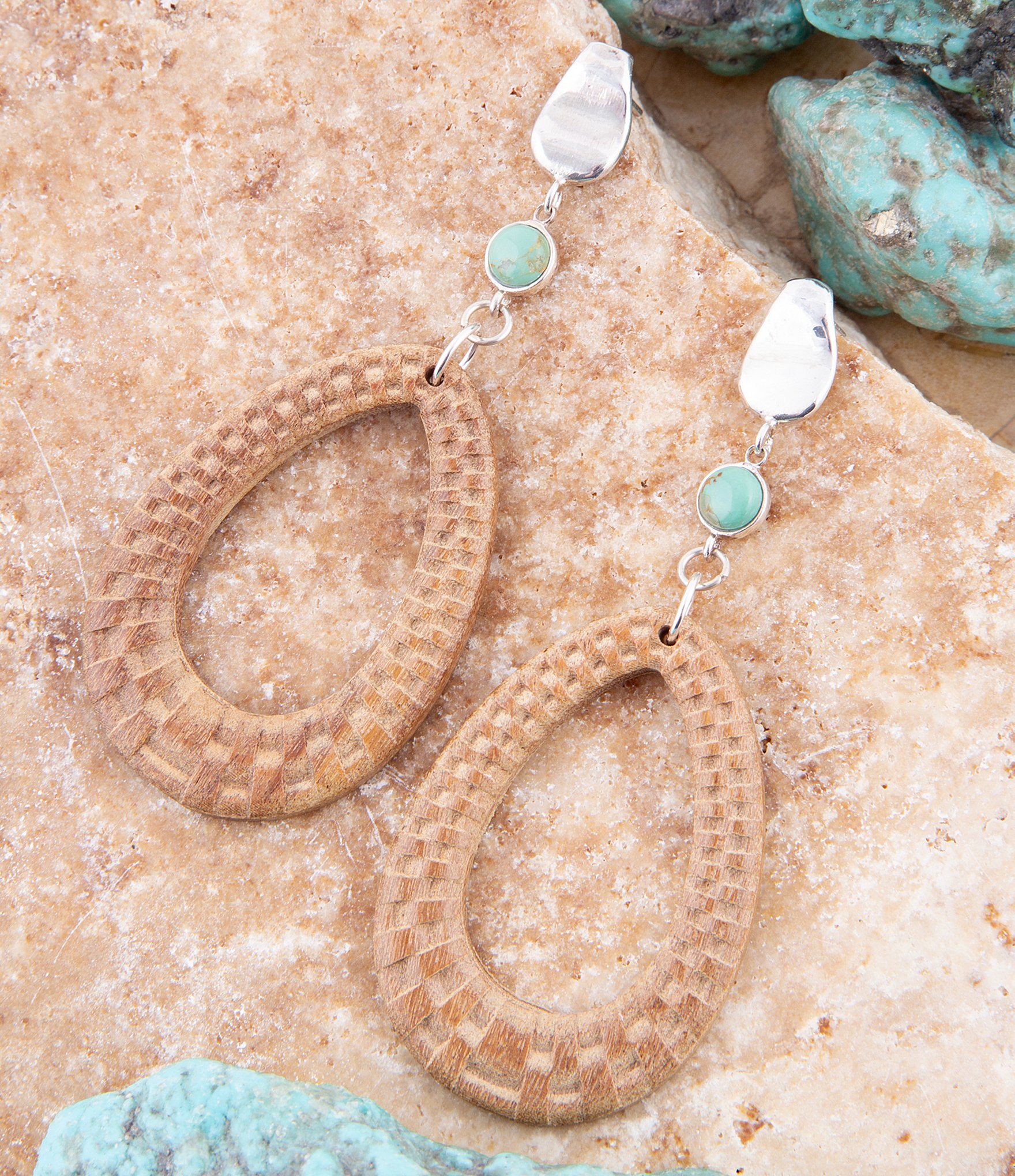 Barse Sterling Silver and Genuine Turquoise Stone with Wood Drop Earrings