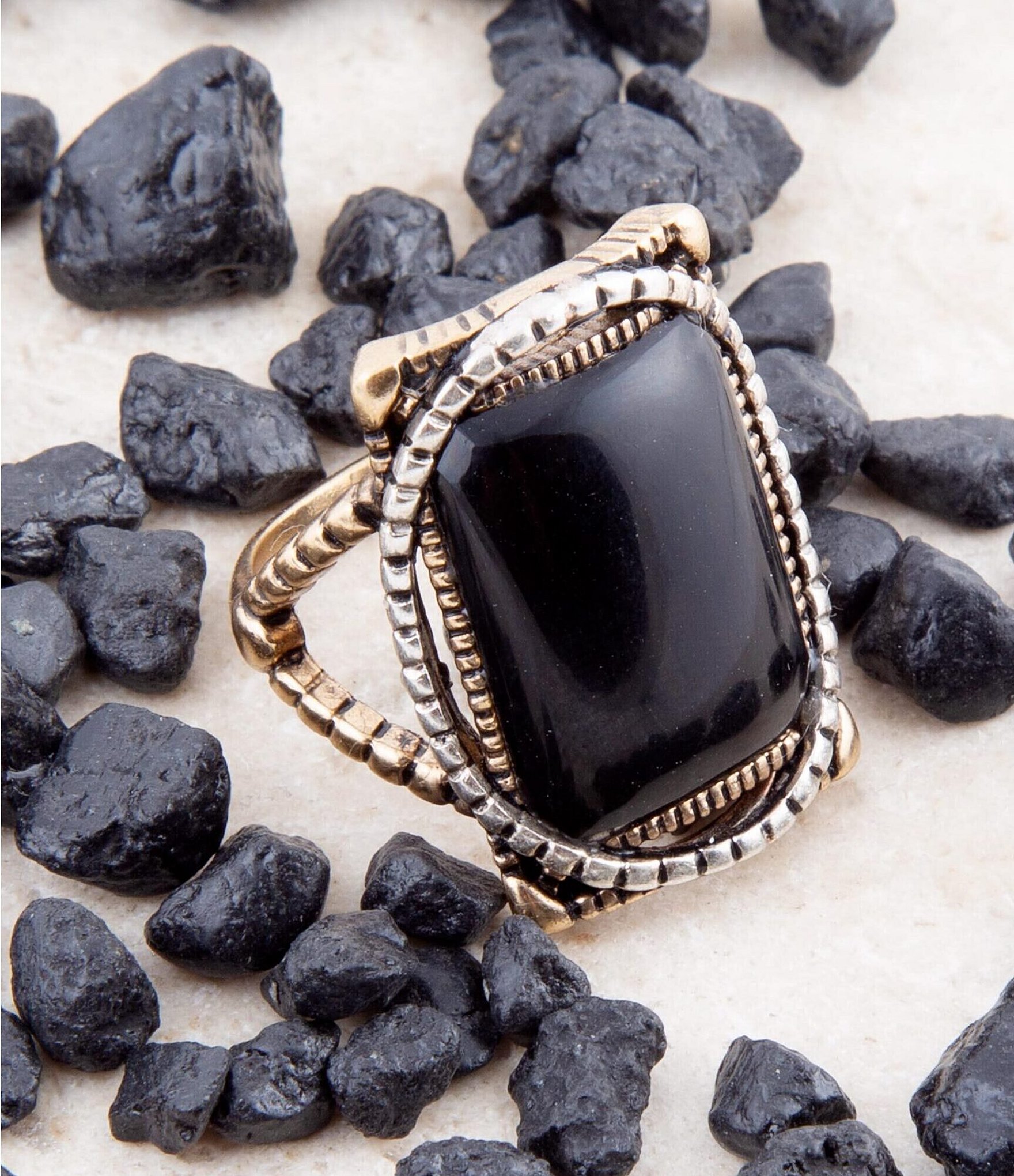 Barse Sterling Silver and Onyx Bronze Statement Ring