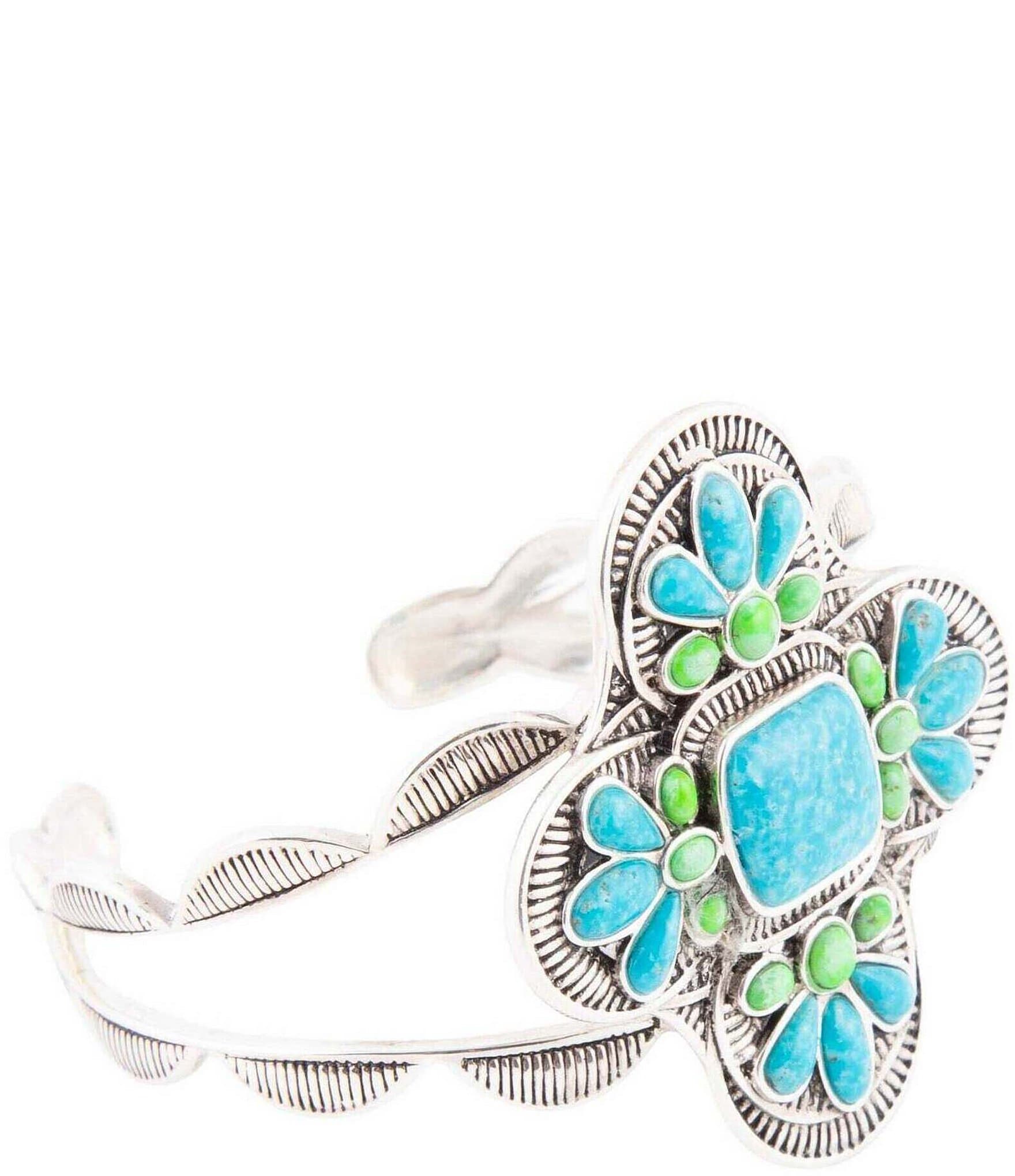 Barse Sterling Silver and Turquoise Green Genuine Stone Cross Cuff Bracelet