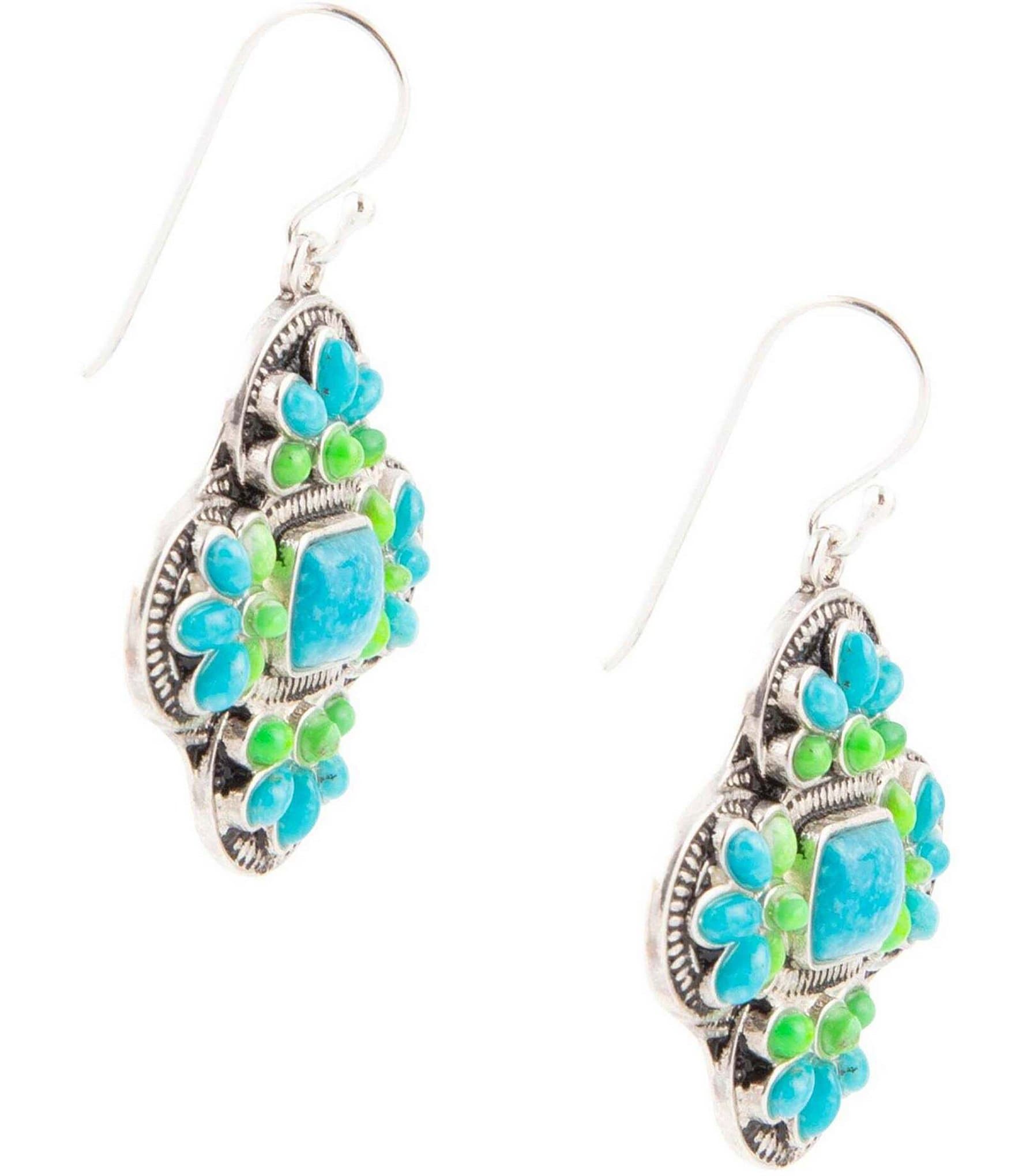 Barse Sterling Silver and Turquoise Green Genuine Stone Cross Drop Earrings