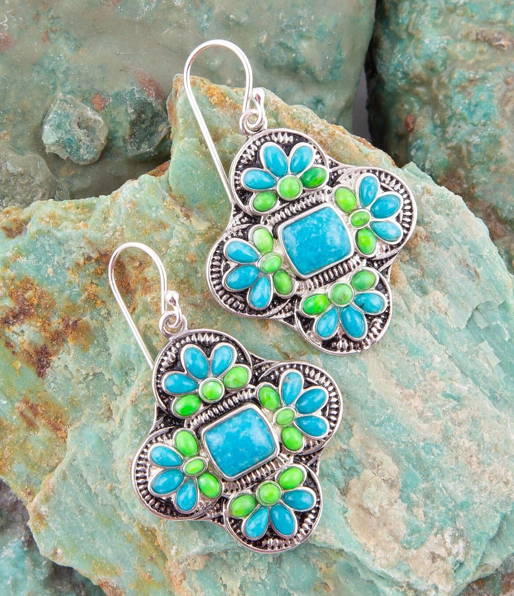 Barse Sterling Silver and Turquoise Green Genuine Stone Cross Drop Earrings