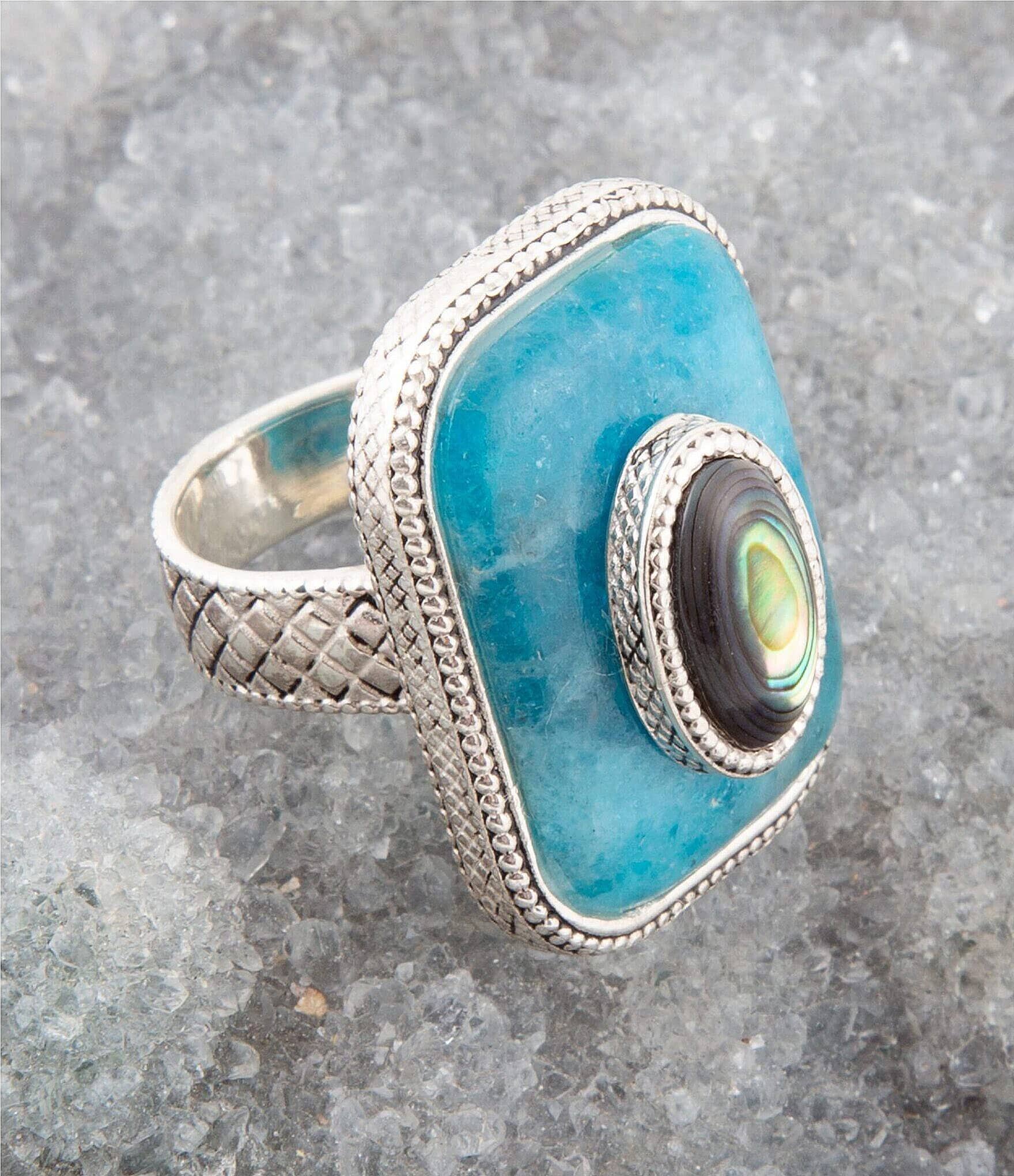 Barse Sterling Silver, Genuine Apatite and Abalone Statement Ring