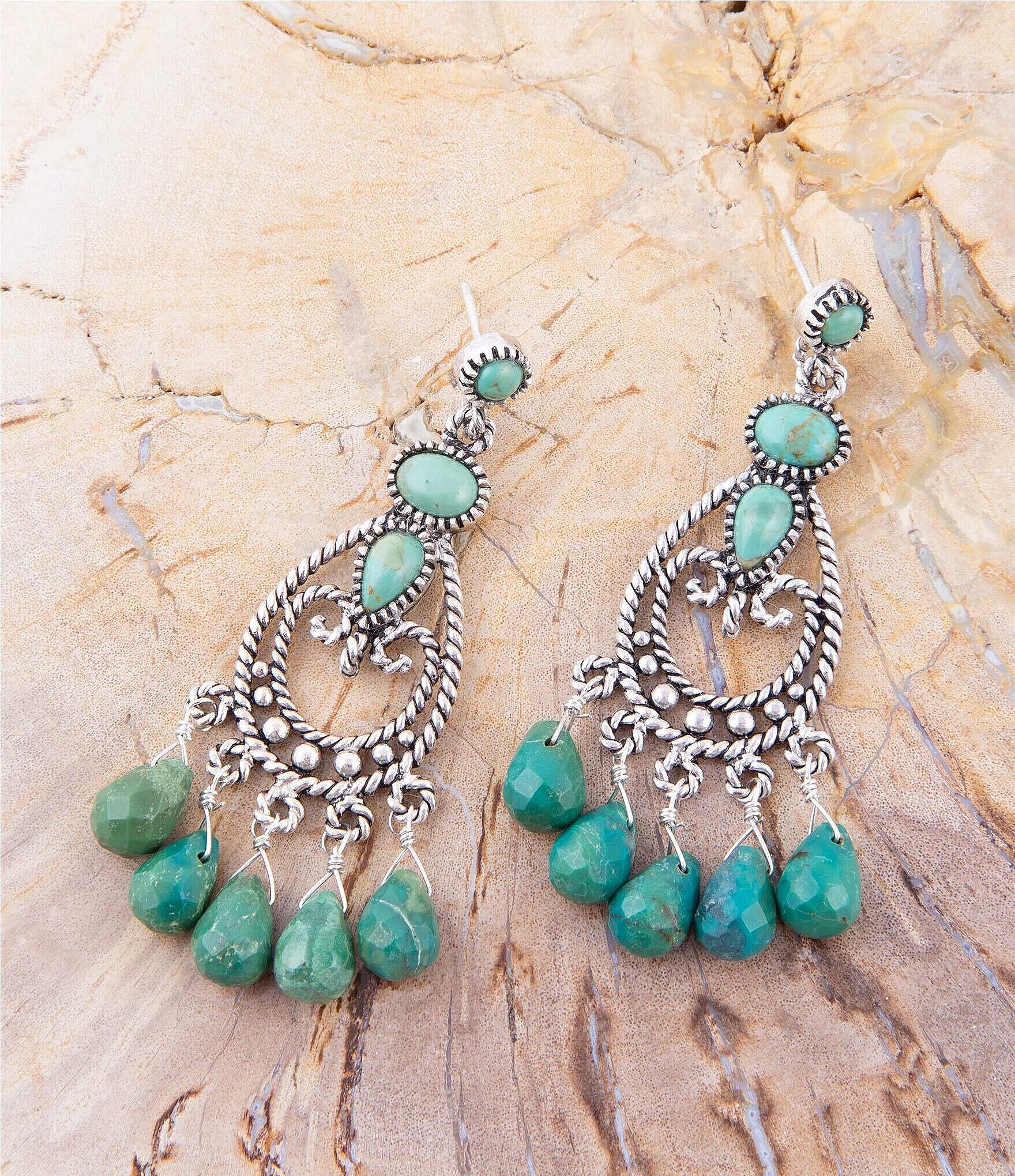 Barse Sterling Silver Genuine Turquoise and Magnesite Chandelier Statement Earrings