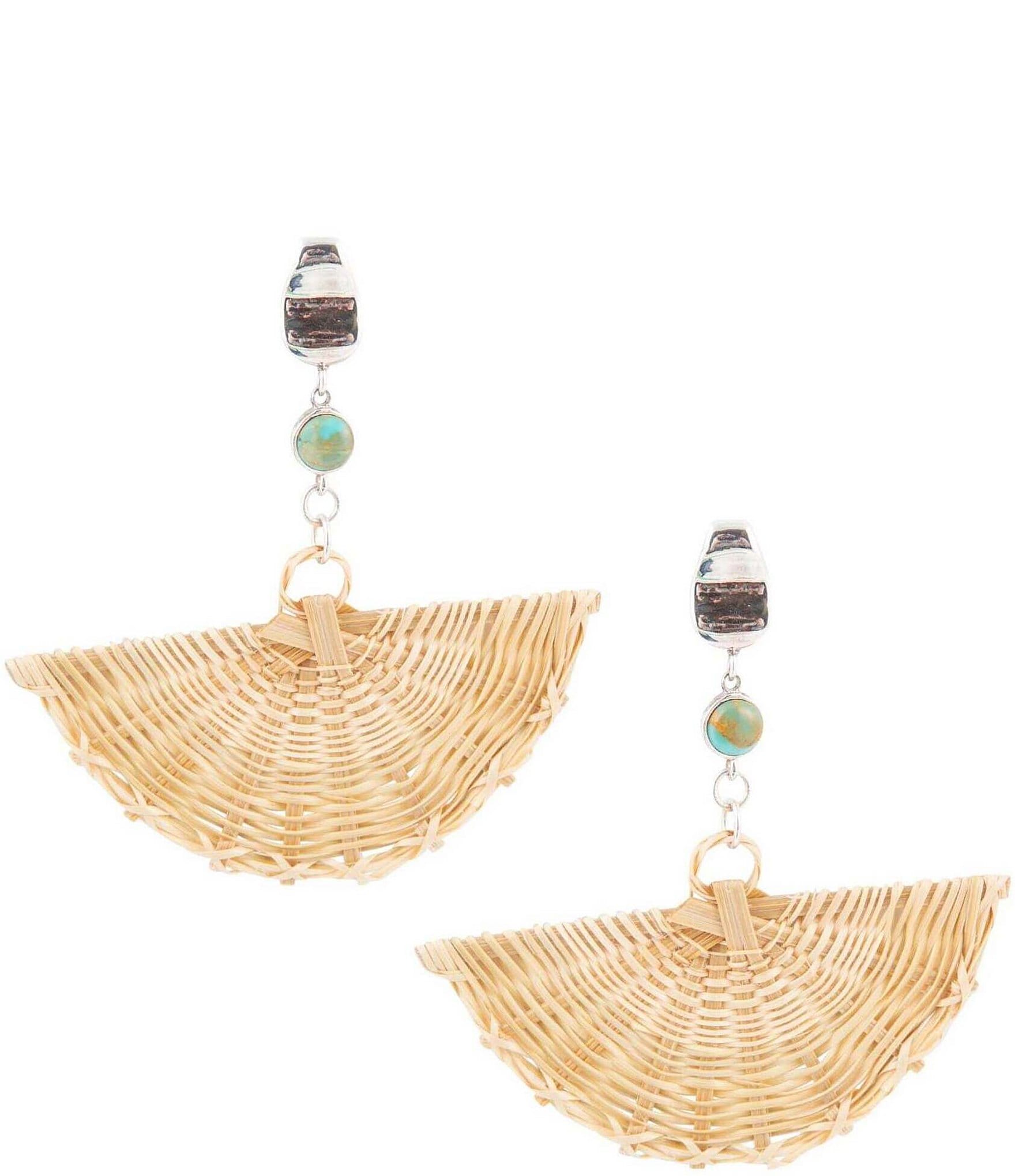 Barse Sterling Silver Genuine Turquoise and Rattan Fan Statement Drop Earrings