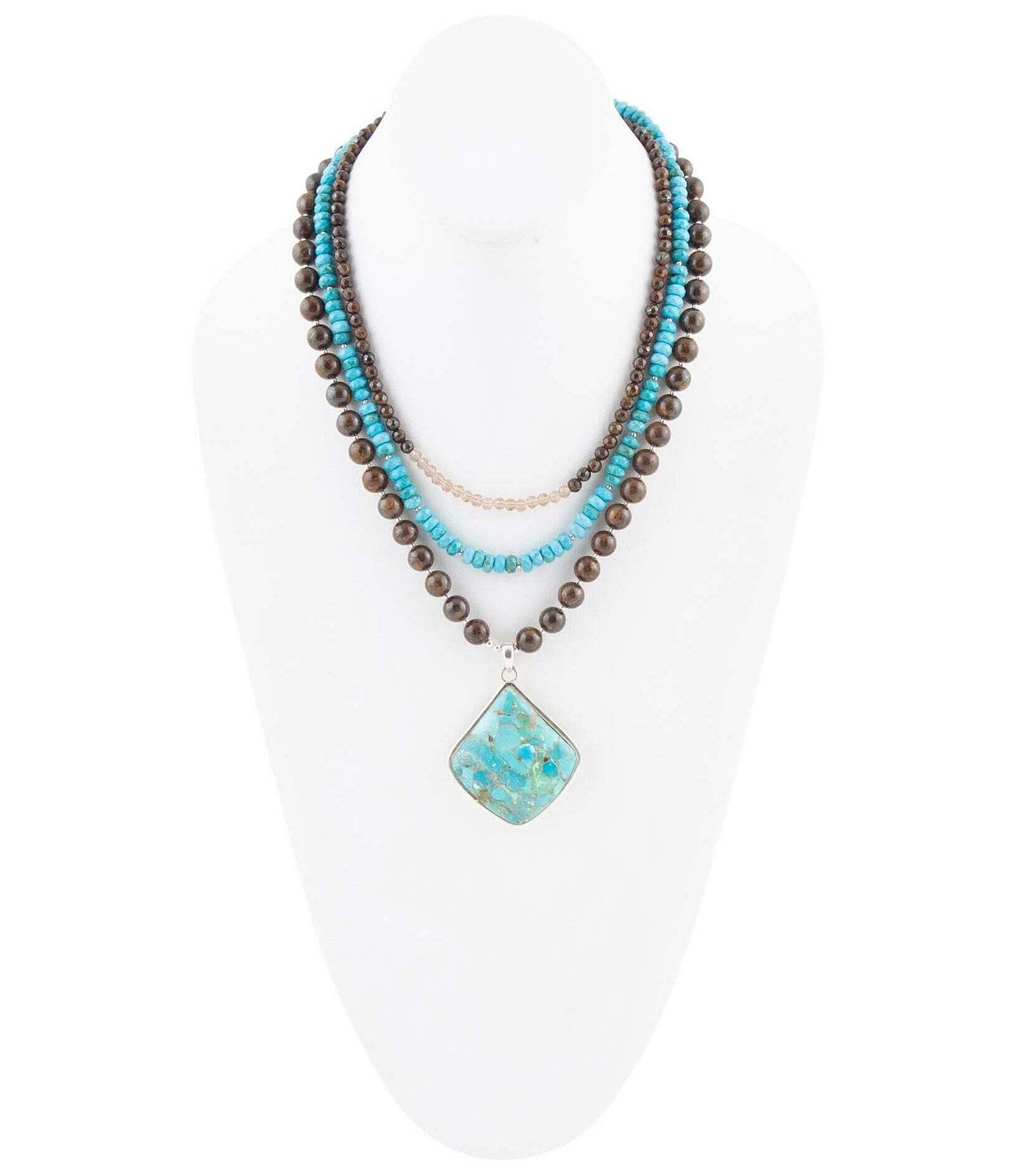 Barse Sterling Silver, Genuine Turquoise, Bronzite and Crystal Statement Necklace