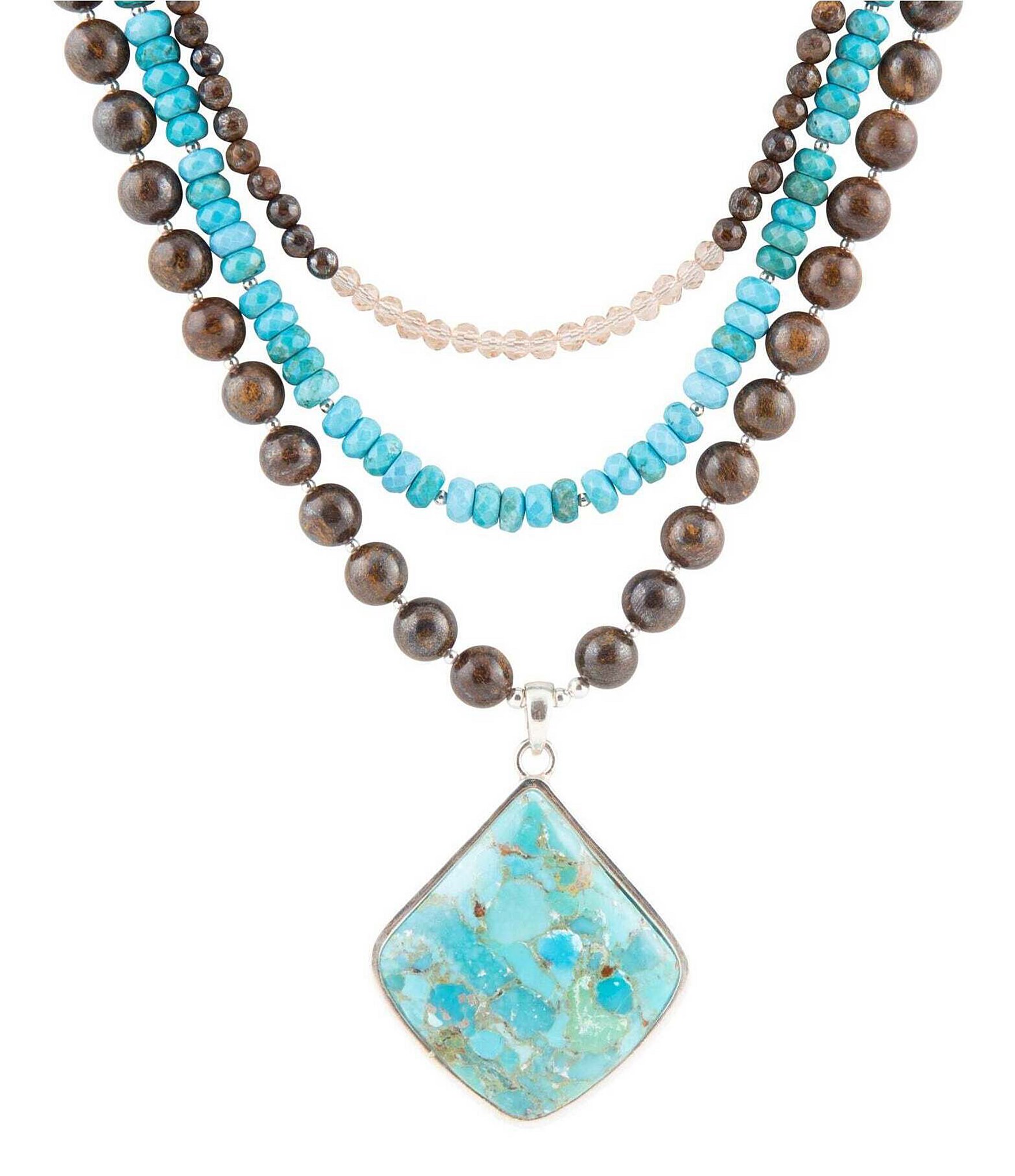 Barse Sterling Silver, Genuine Turquoise, Bronzite and Crystal Statement Necklace