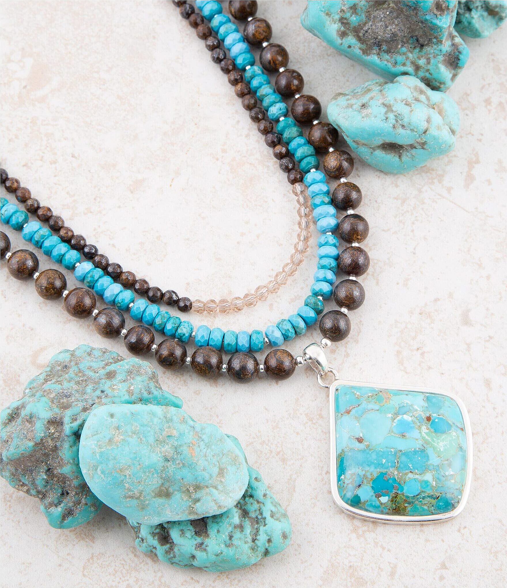 Barse Sterling Silver, Genuine Turquoise, Bronzite and Crystal Statement Necklace