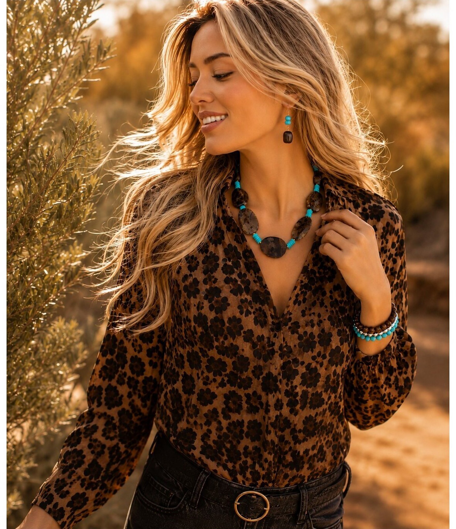 Barse Stone River Golden, Agate And Turquoise Magnesite Collar Necklace