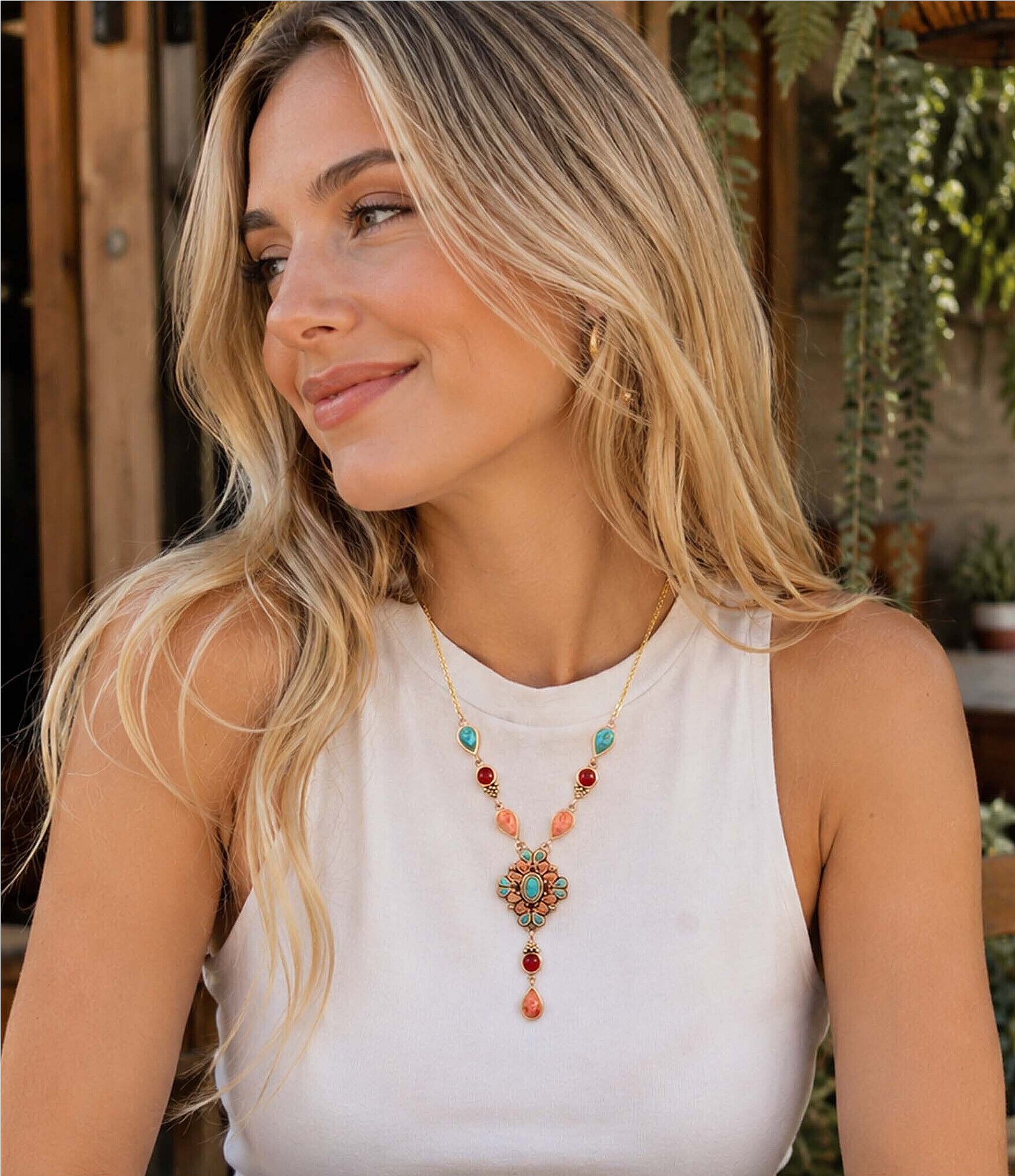 Barse Sundown Trail Golden and Genuine Stone Y Necklace
