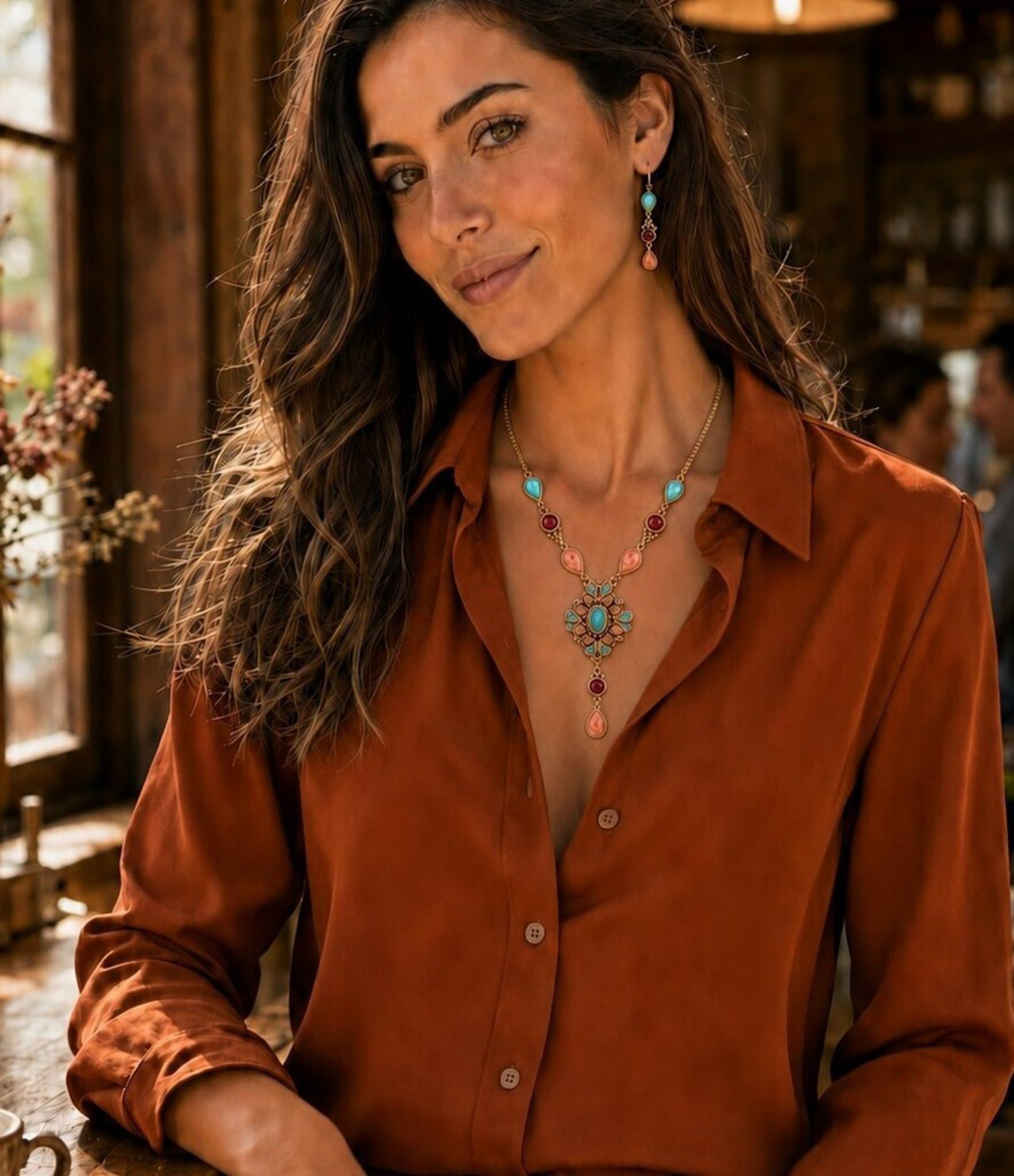 Barse Sundown Trail Golden and Genuine Stone Y Necklace
