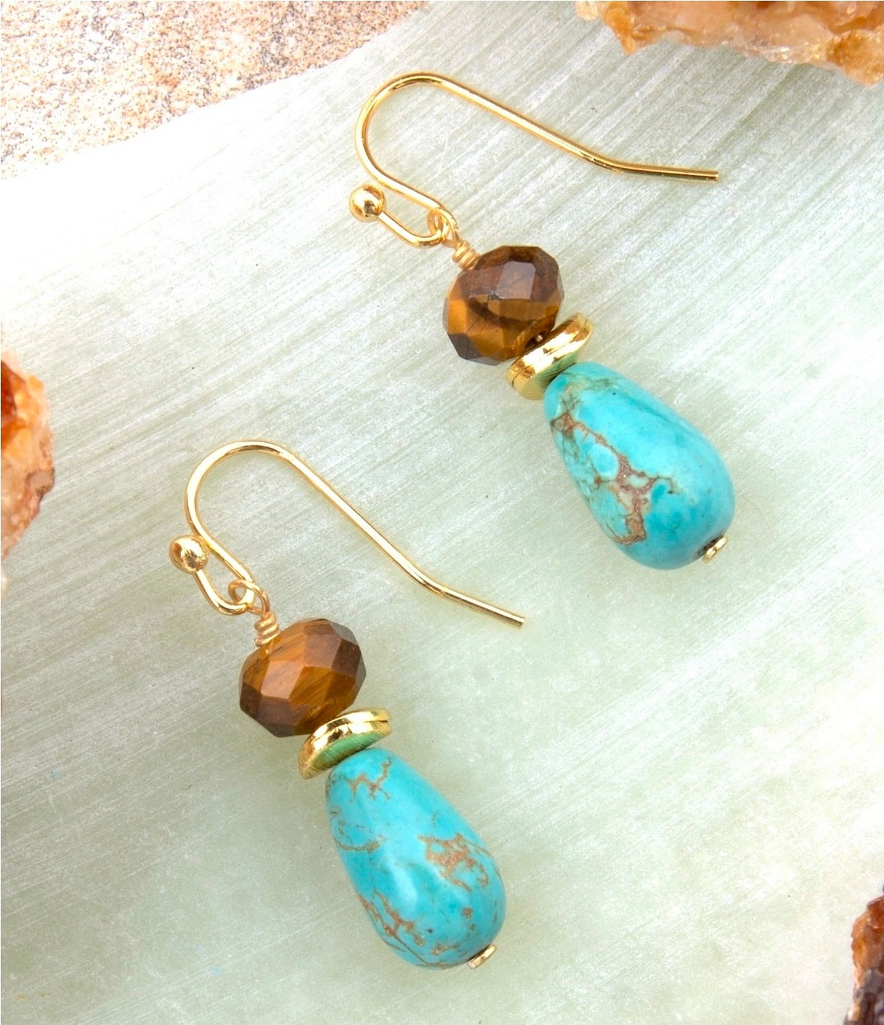 Barse Brown Smoky Tiger's Eye and Turquoise Double Drop Earrings
