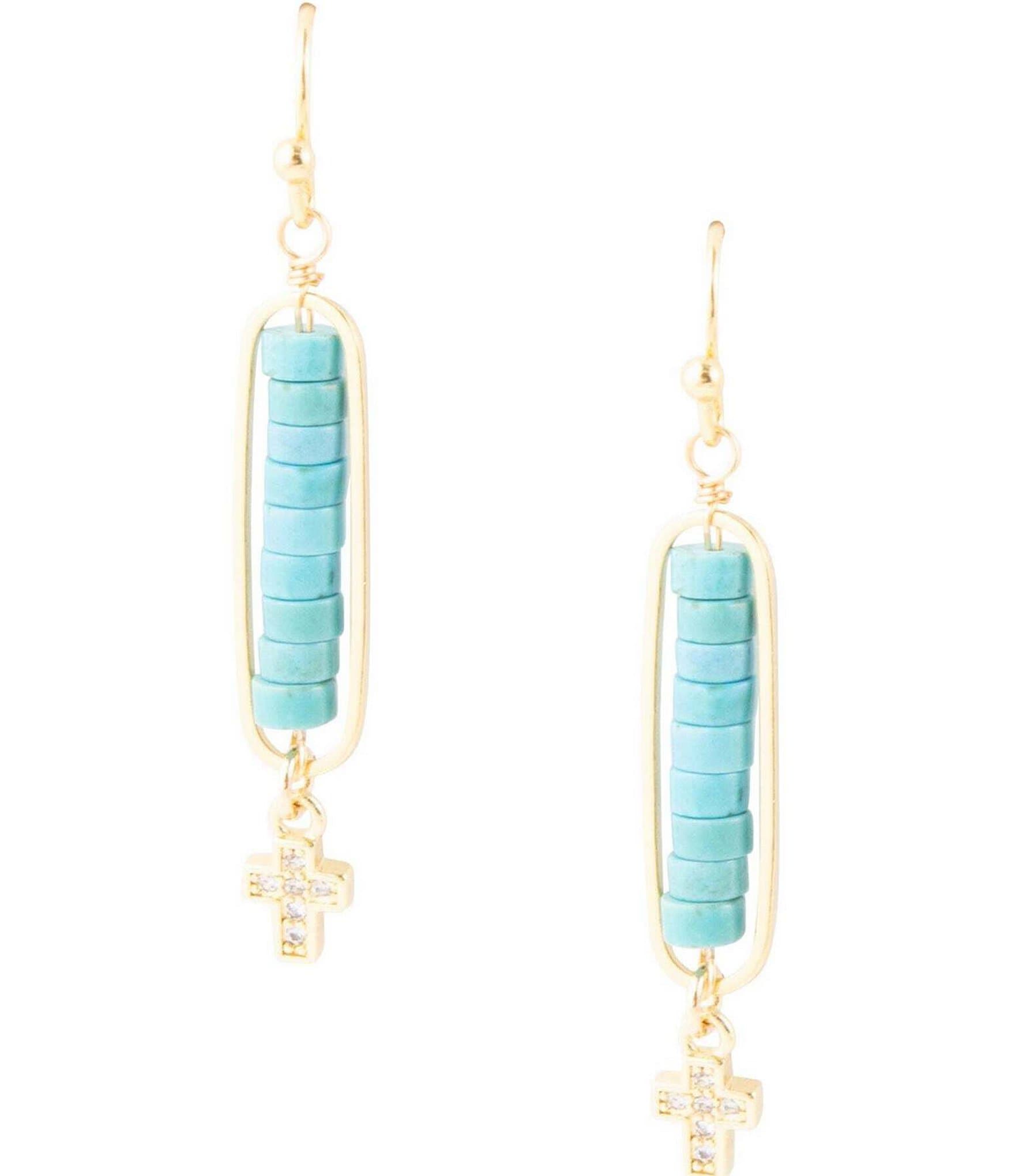 Barse Turquoise Magnesite Genuine Stone And Cross Drop Earrings