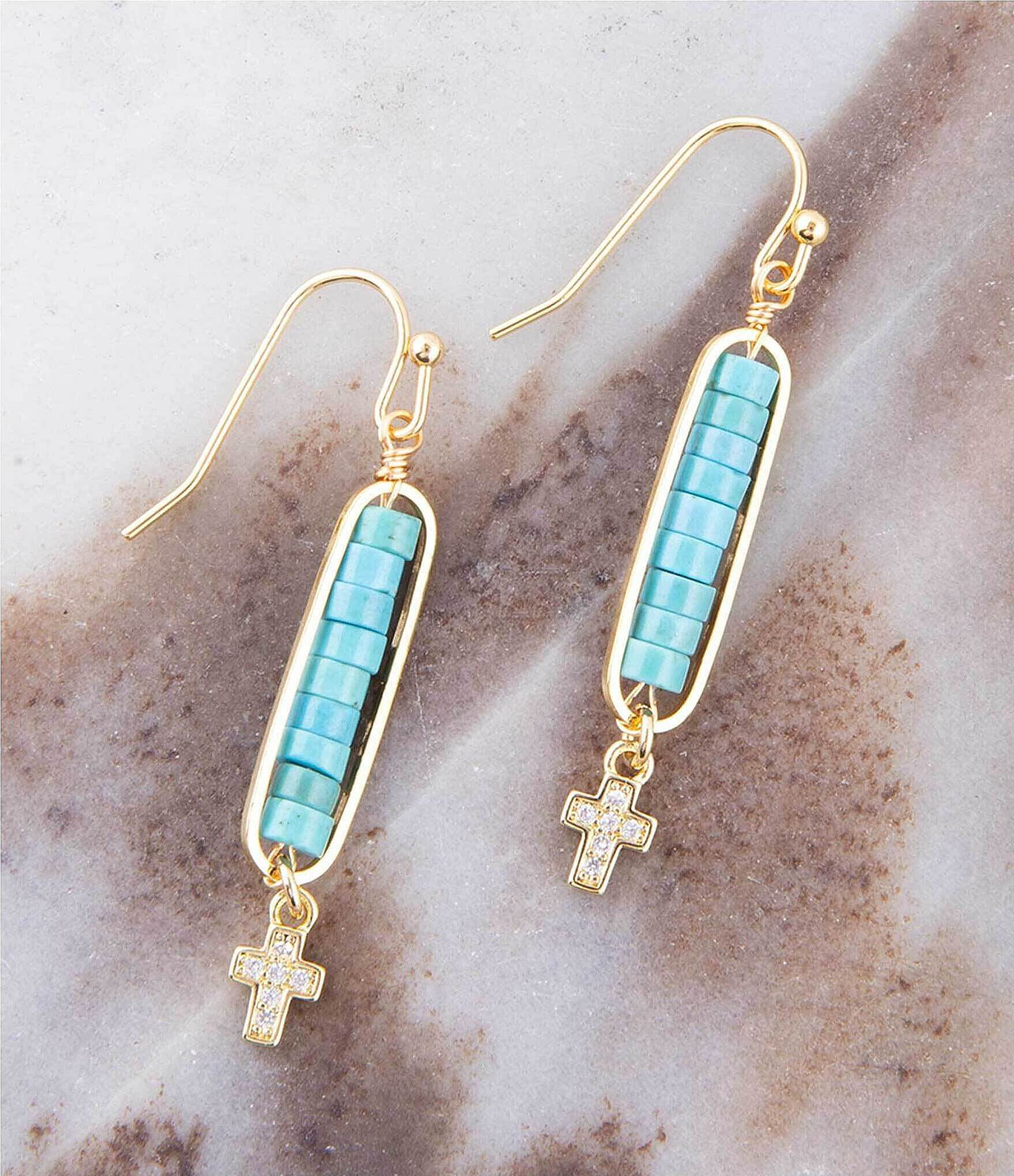 Barse Turquoise Magnesite Genuine Stone And Cross Drop Earrings