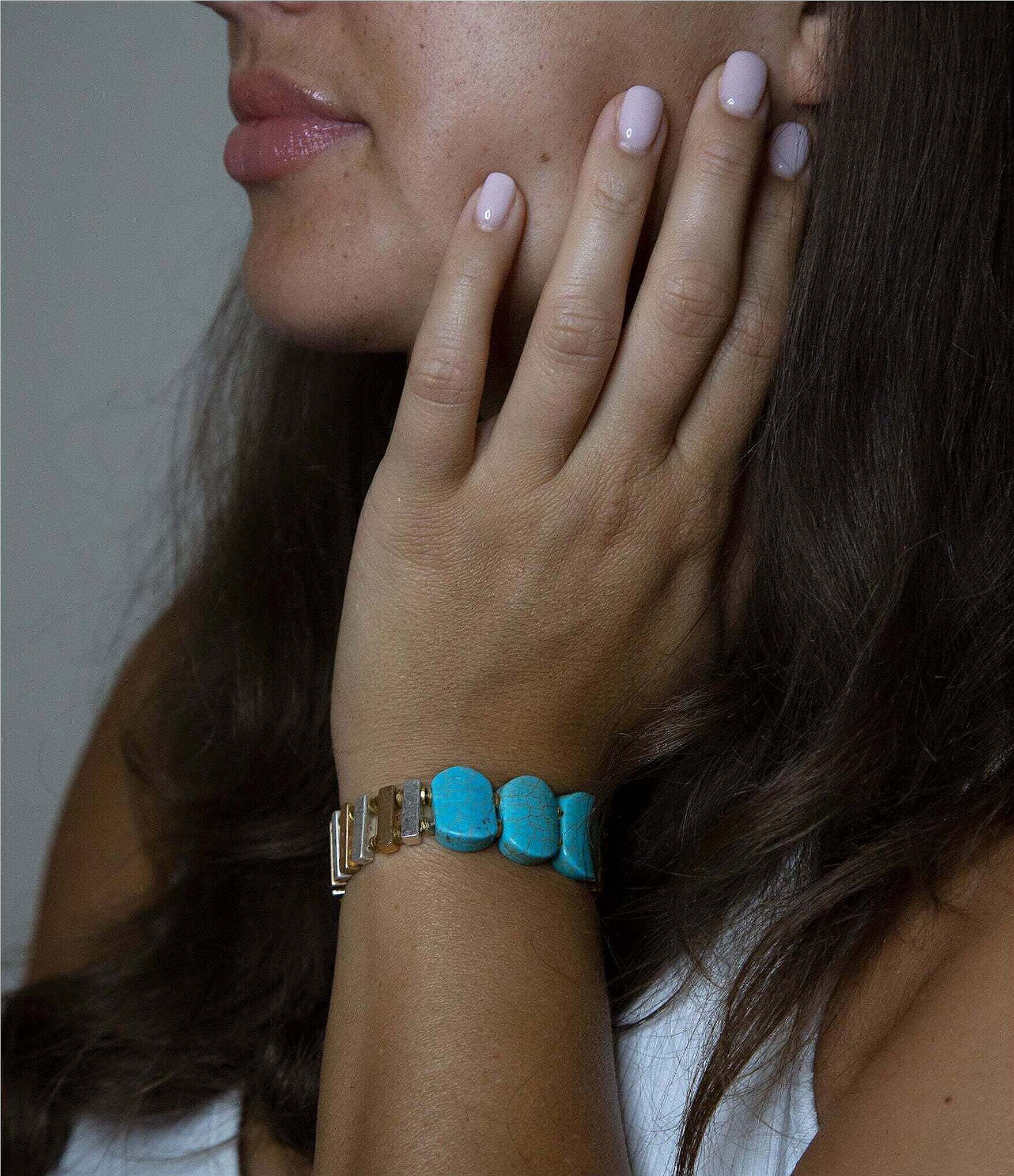 Barse Two Tone and Genuine Turquoise & Magnesite Stone Stretch Bracelet