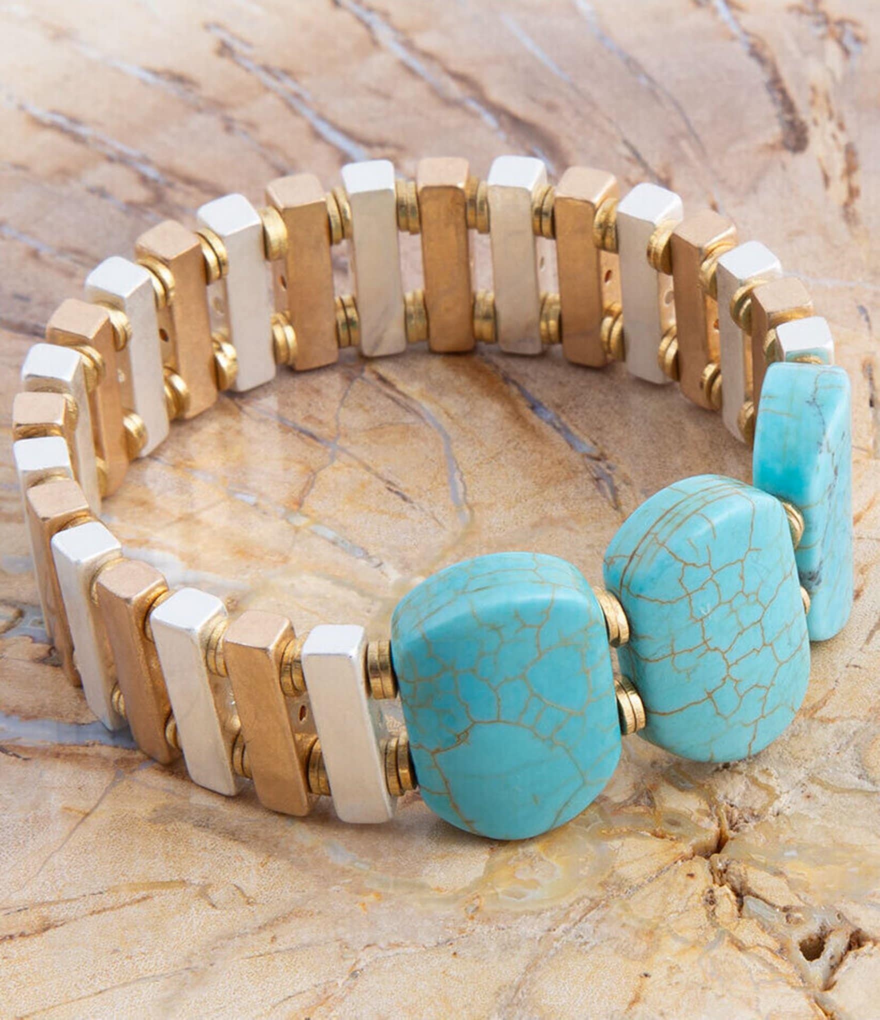 Barse Two Tone and Genuine Turquoise & Magnesite Stone Stretch Bracelet