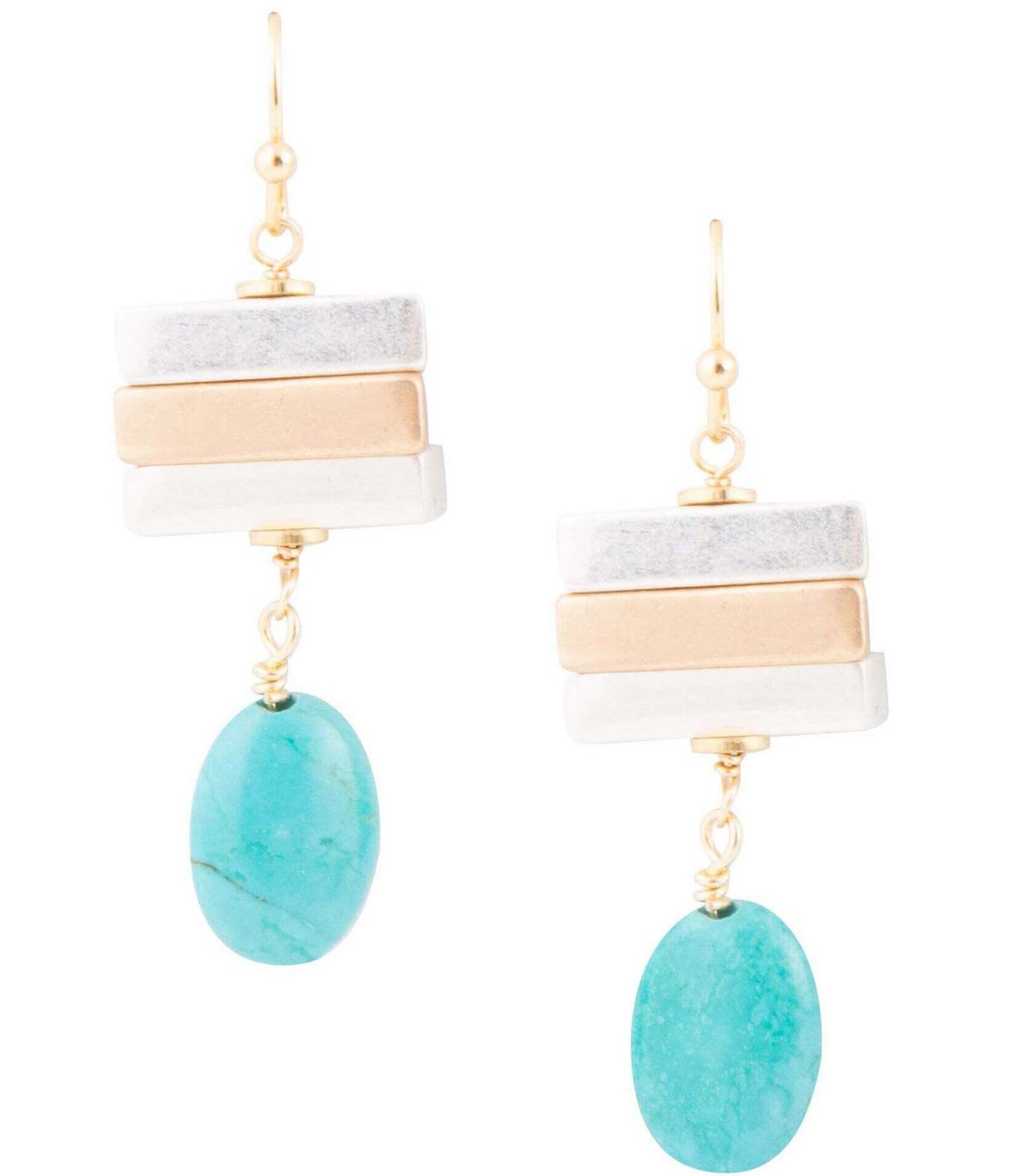 Barse Two Tone and Genuine Turquoise Stone Drop Earrings