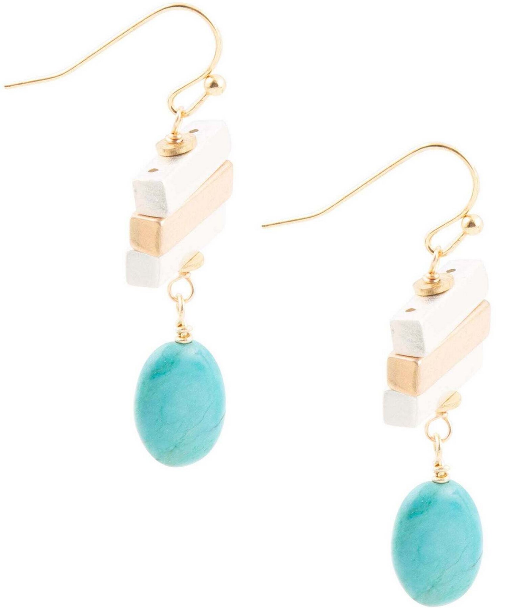 Barse Two Tone and Genuine Turquoise Stone Drop Earrings