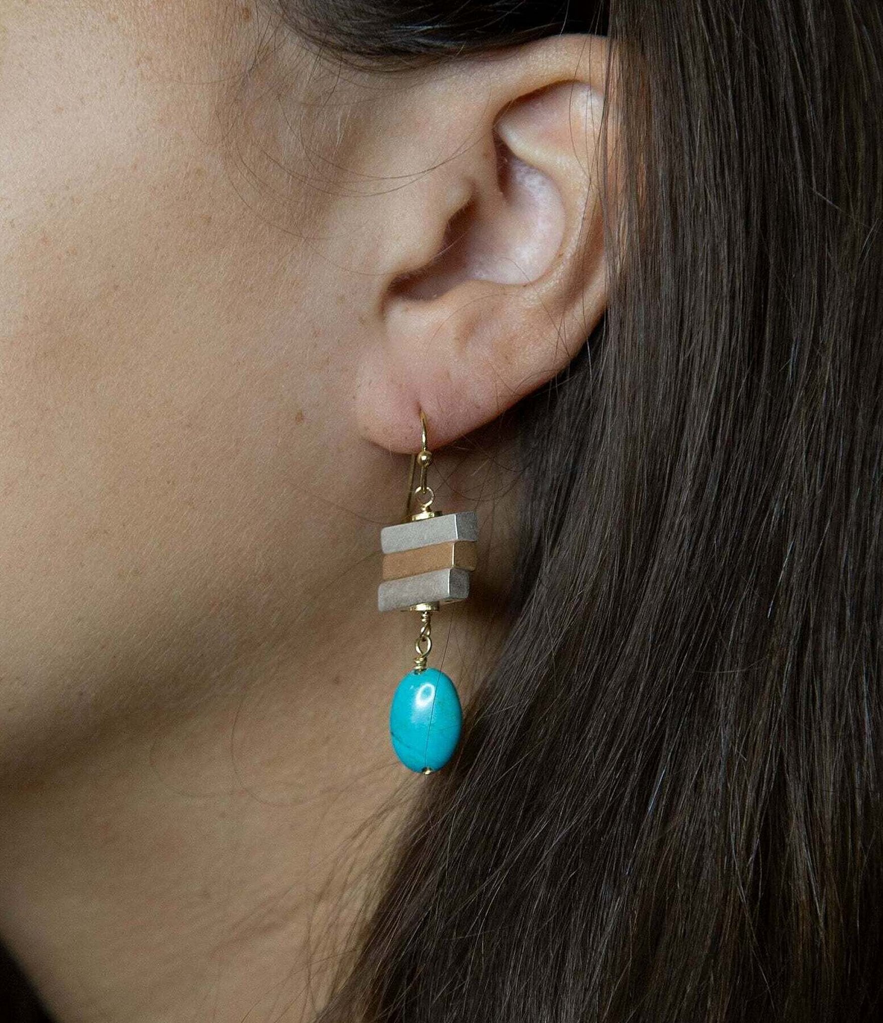 Barse Two Tone and Genuine Turquoise Stone Drop Earrings