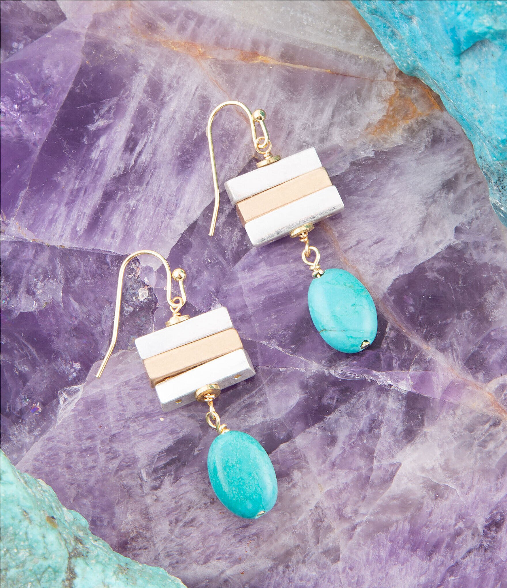 Barse Two Tone and Genuine Turquoise Stone Drop Earrings