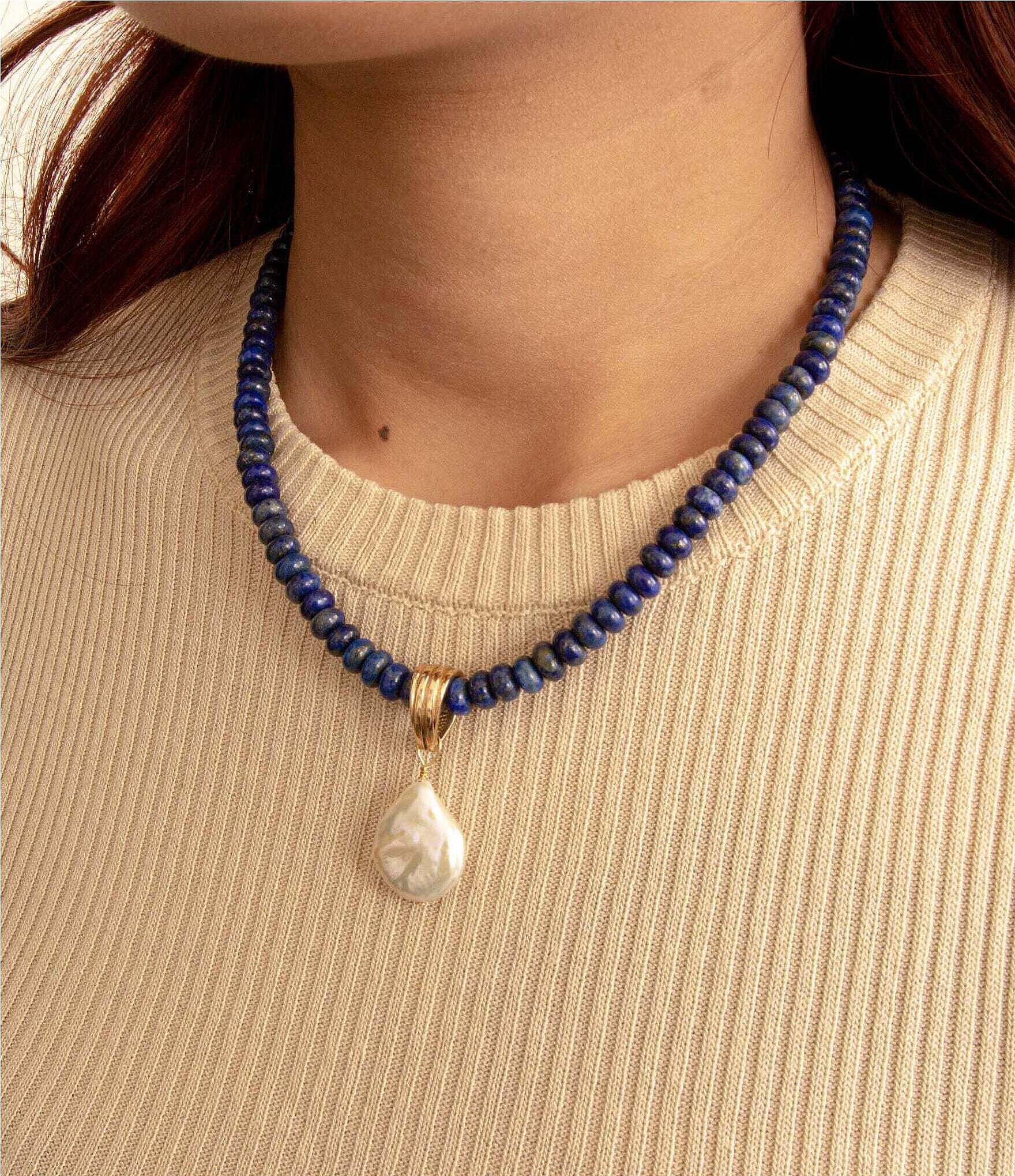 Barses Denim Blue Lapis Beaded Mother-of-Pearl Pendant Necklace
