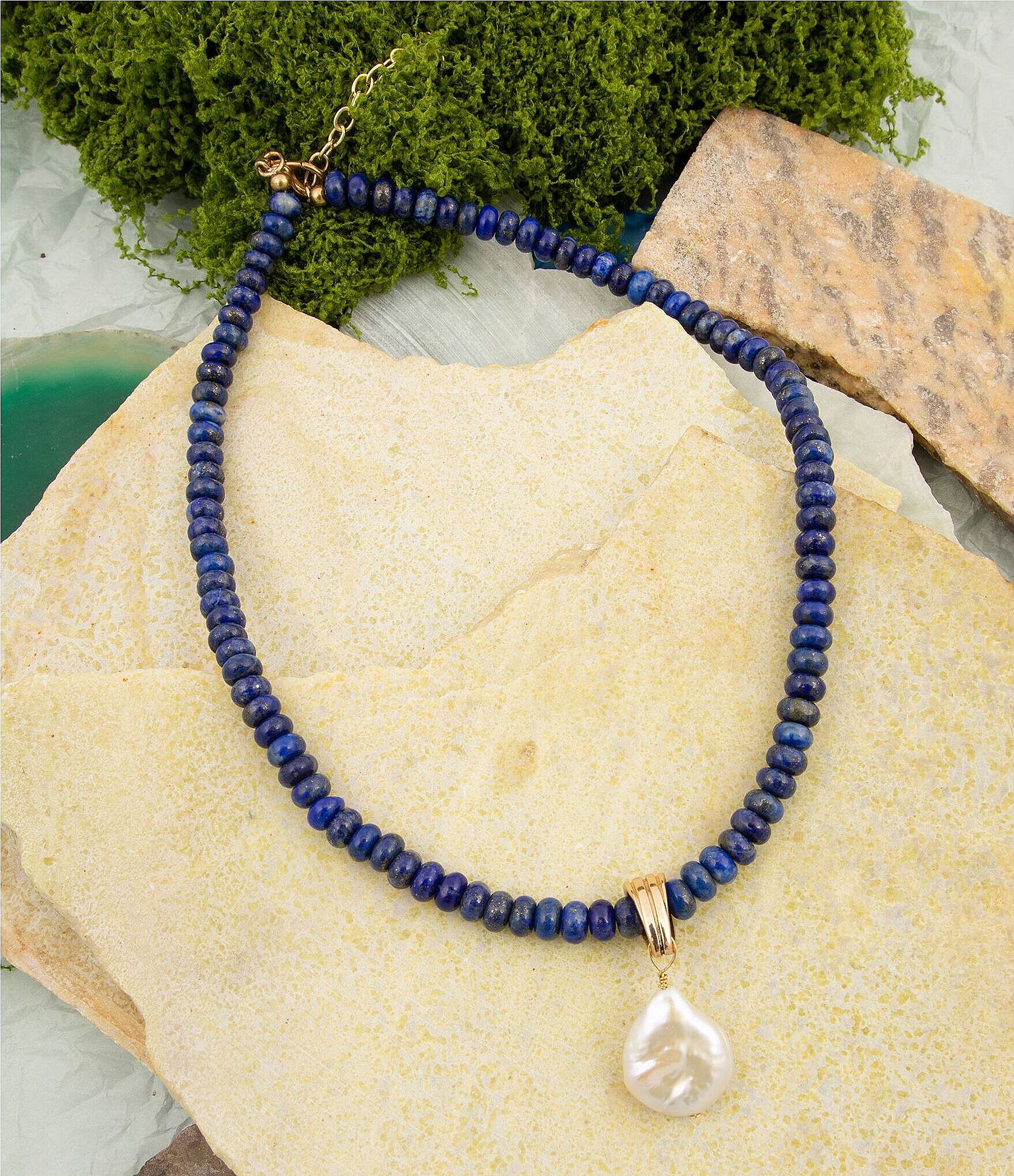 Barses Denim Blue Lapis Beaded Mother-of-Pearl Pendant Necklace