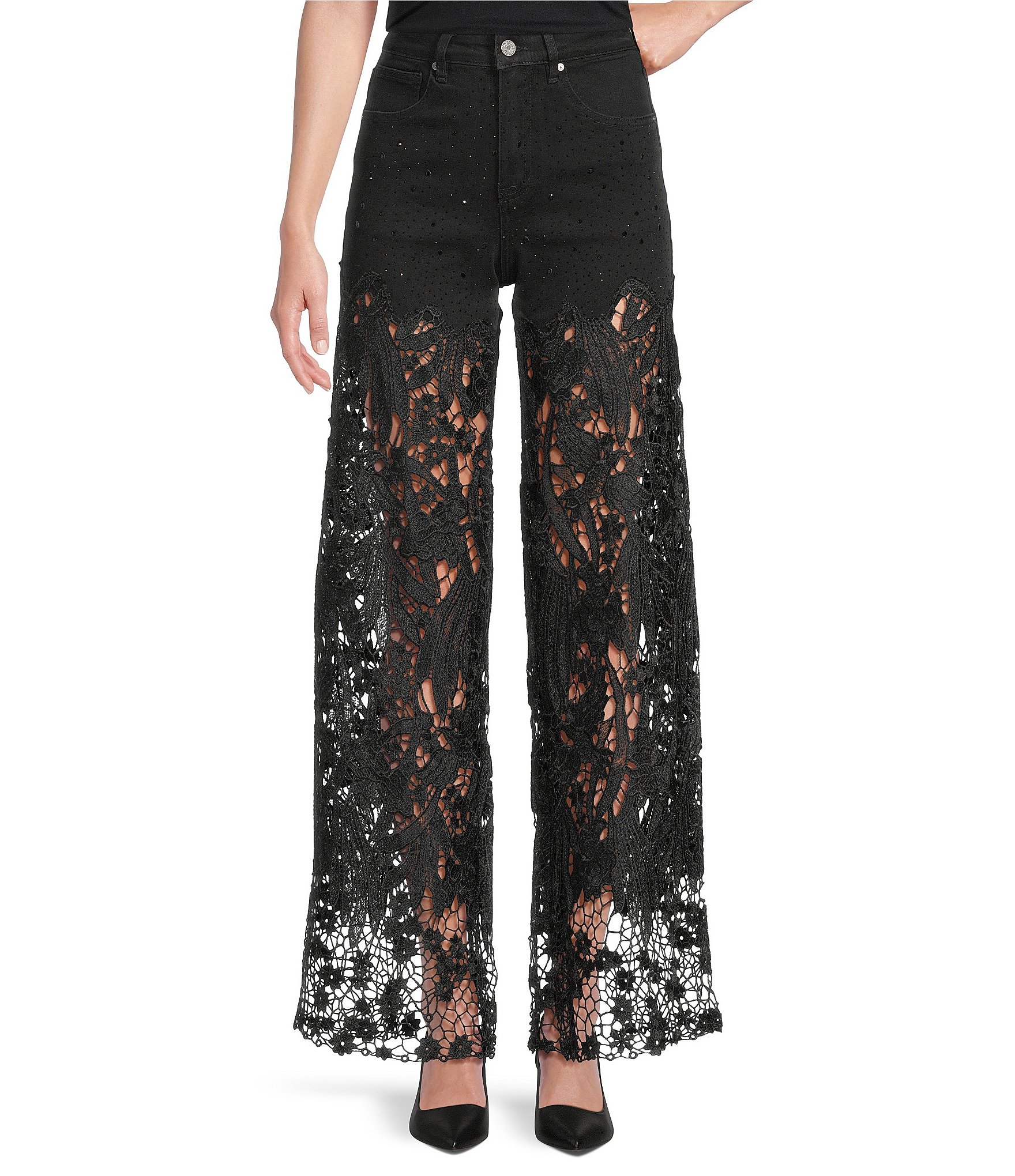 Bayeas Stretch Denim High Rise Lace Embellished Wide Leg Ankle Jeans