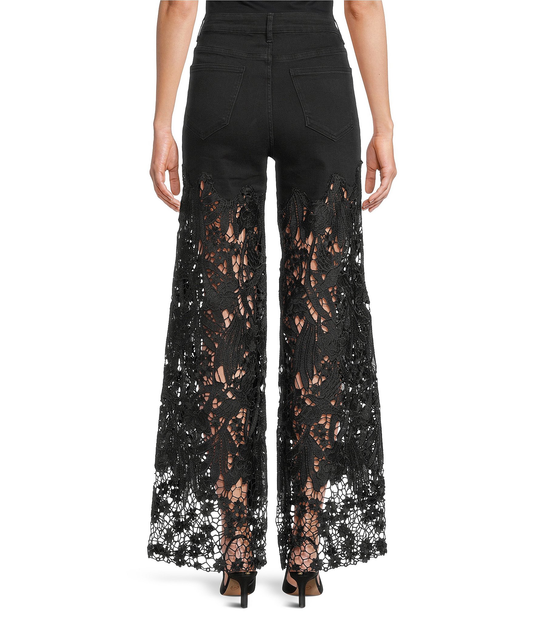 Bayeas Stretch Denim High Rise Lace Embellished Wide Leg Ankle Jeans