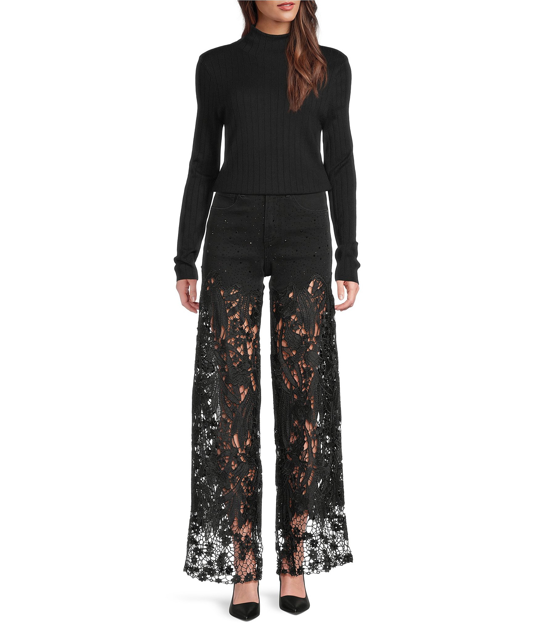 Bayeas Stretch Denim High Rise Lace Embellished Wide Leg Ankle Jeans