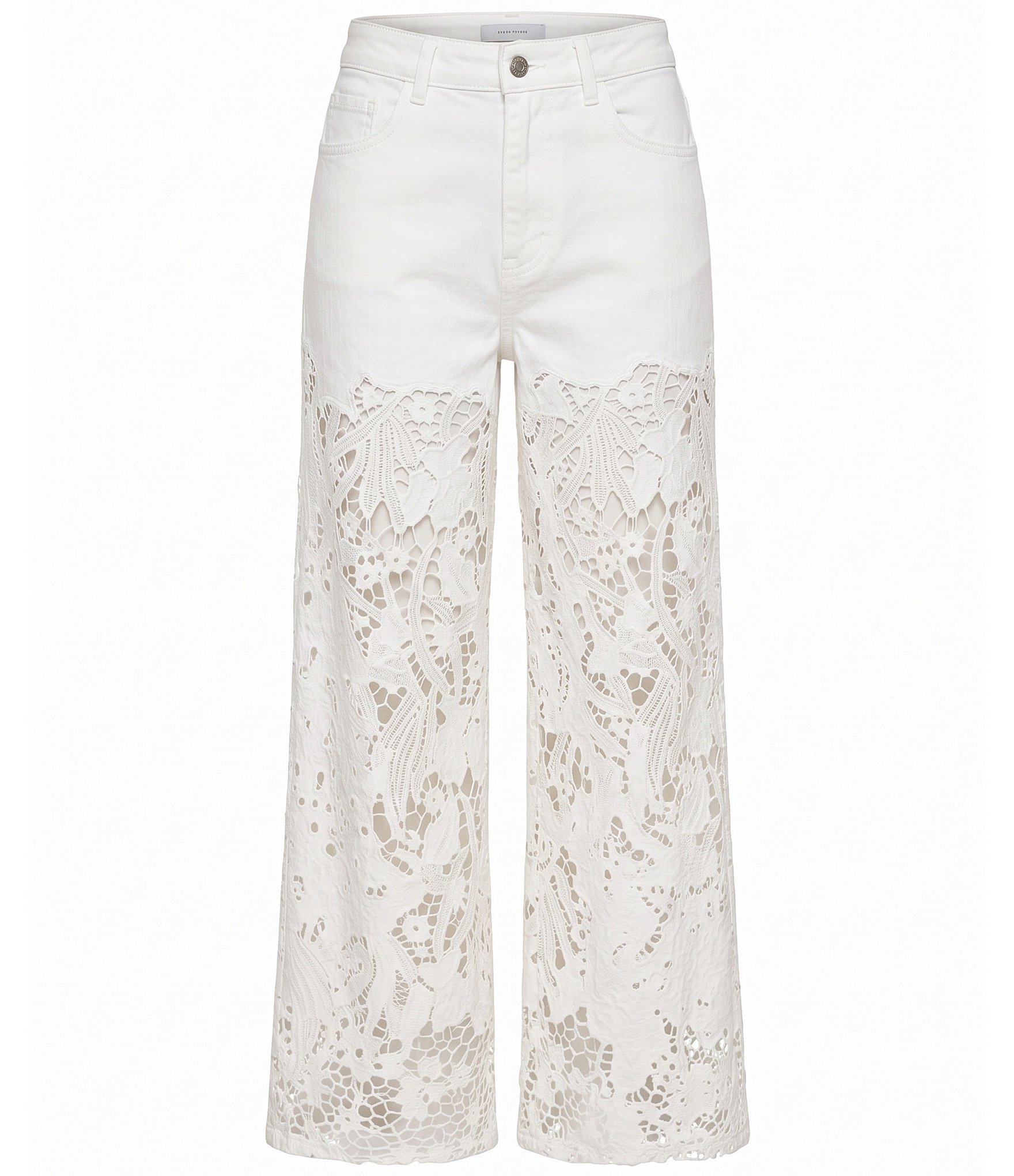 Bayeas Stretch Denim High Rise Lace Embellished Wide Leg Ankle Jeans