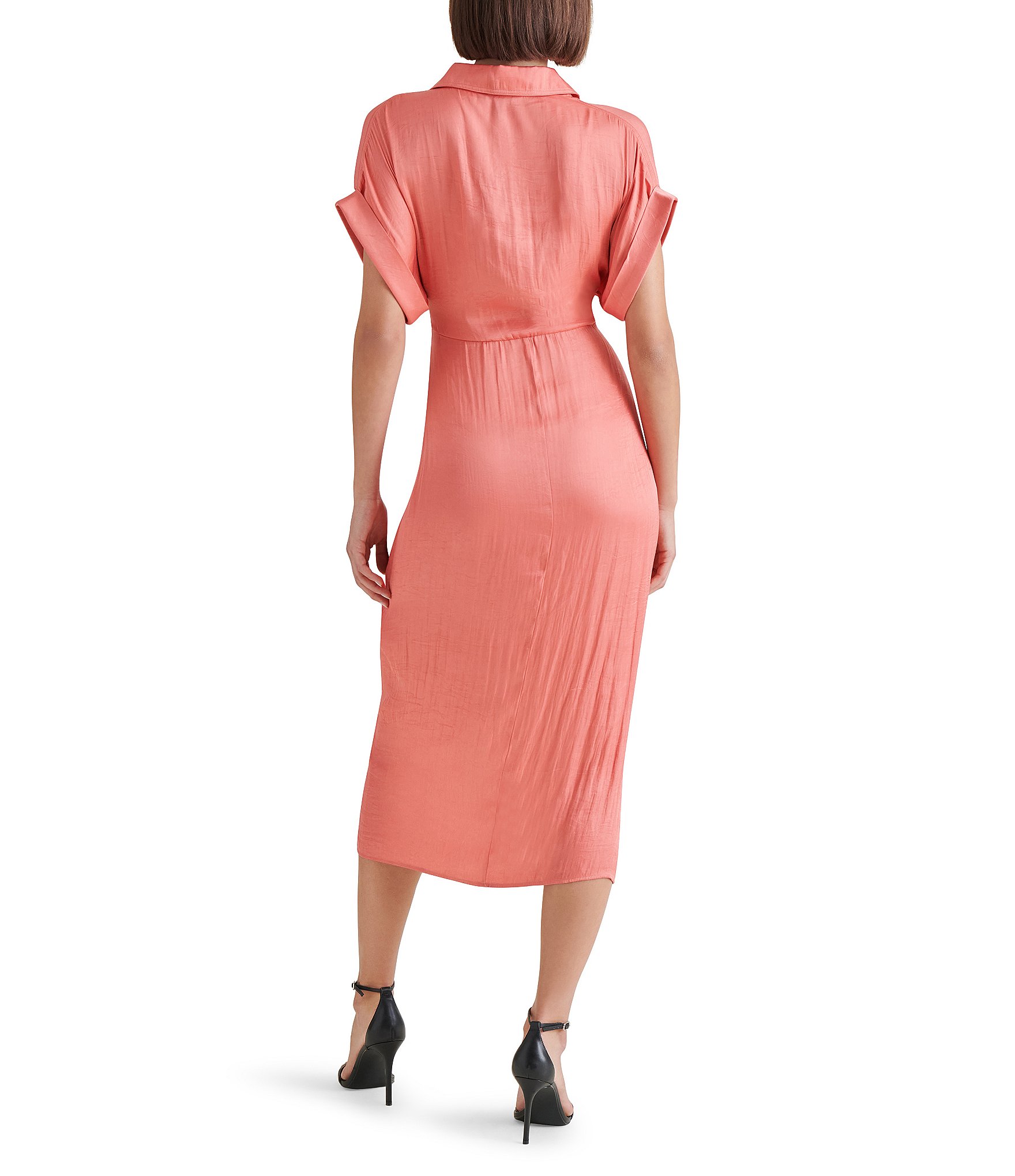 Steve Madden Tori Satin Point Collar Short Kimono Cuff Sleeve Belted Ruched Front Asymmetrical Hem Midi Shirt Dress