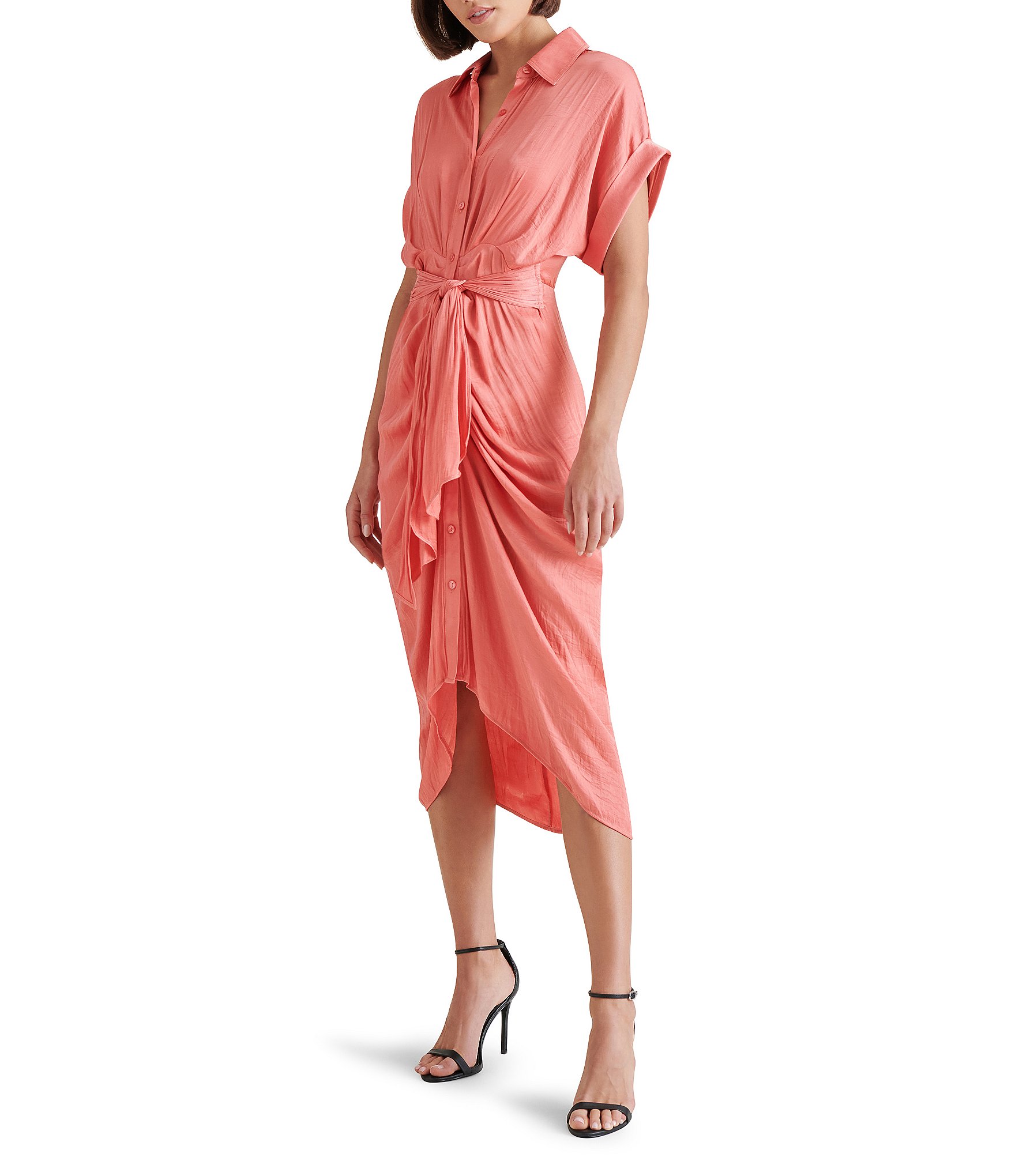 Steve Madden Tori Satin Point Collar Short Kimono Cuff Sleeve Belted Ruched Front Asymmetrical Hem Midi Shirt Dress