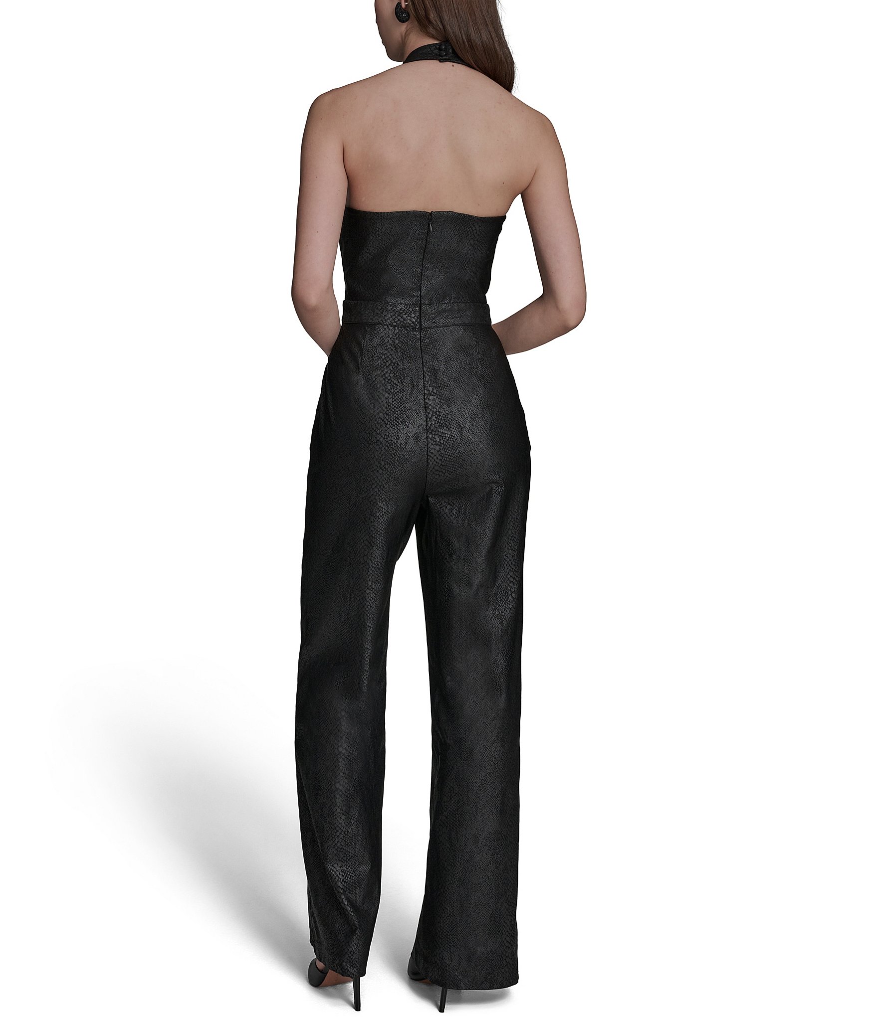 BCBG Faux Snakeskin Foil Halter V-Neck Button Front Two Piece Jumpsuit