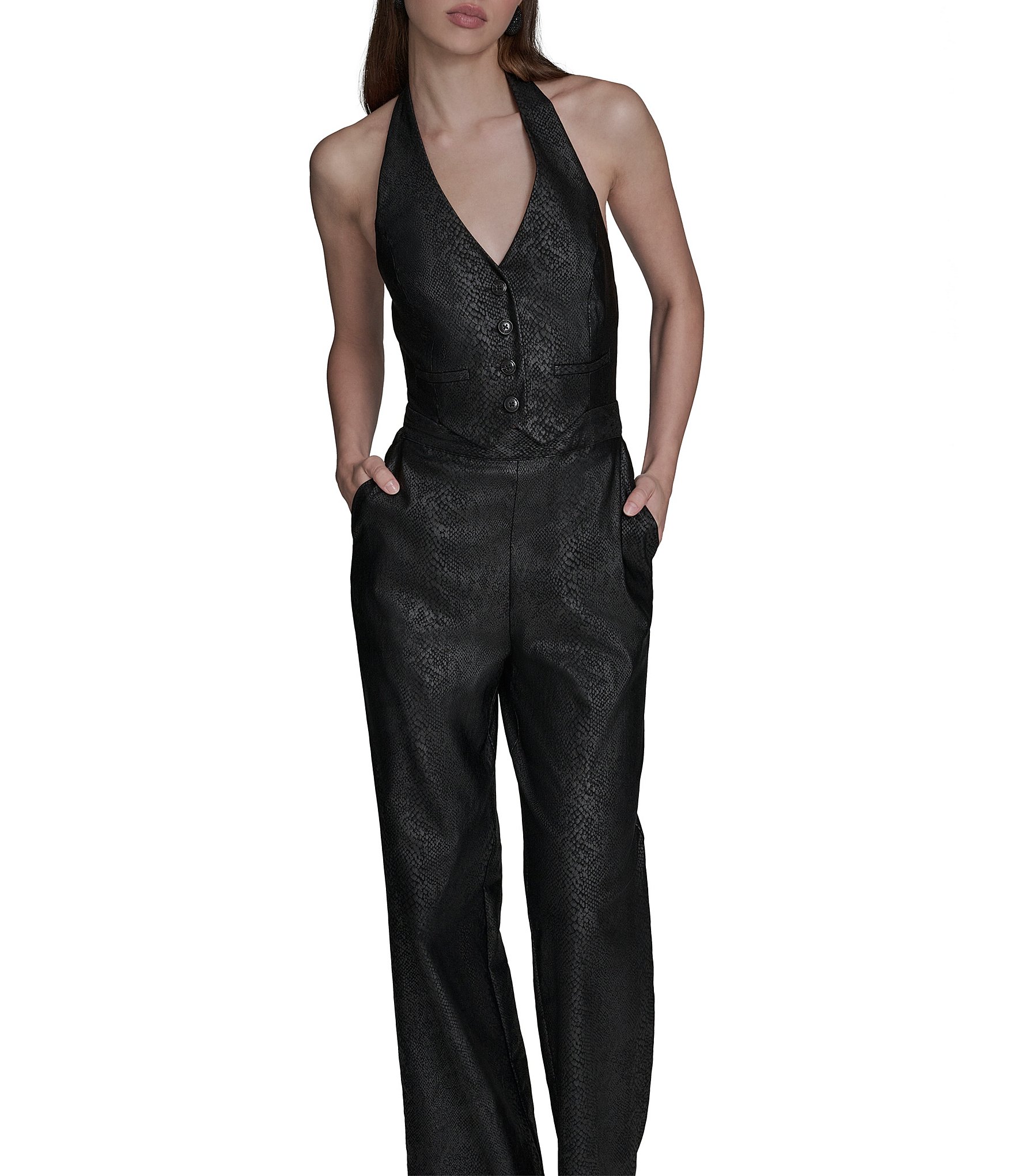 BCBG Faux Snakeskin Foil Halter V-Neck Button Front Two Piece Jumpsuit