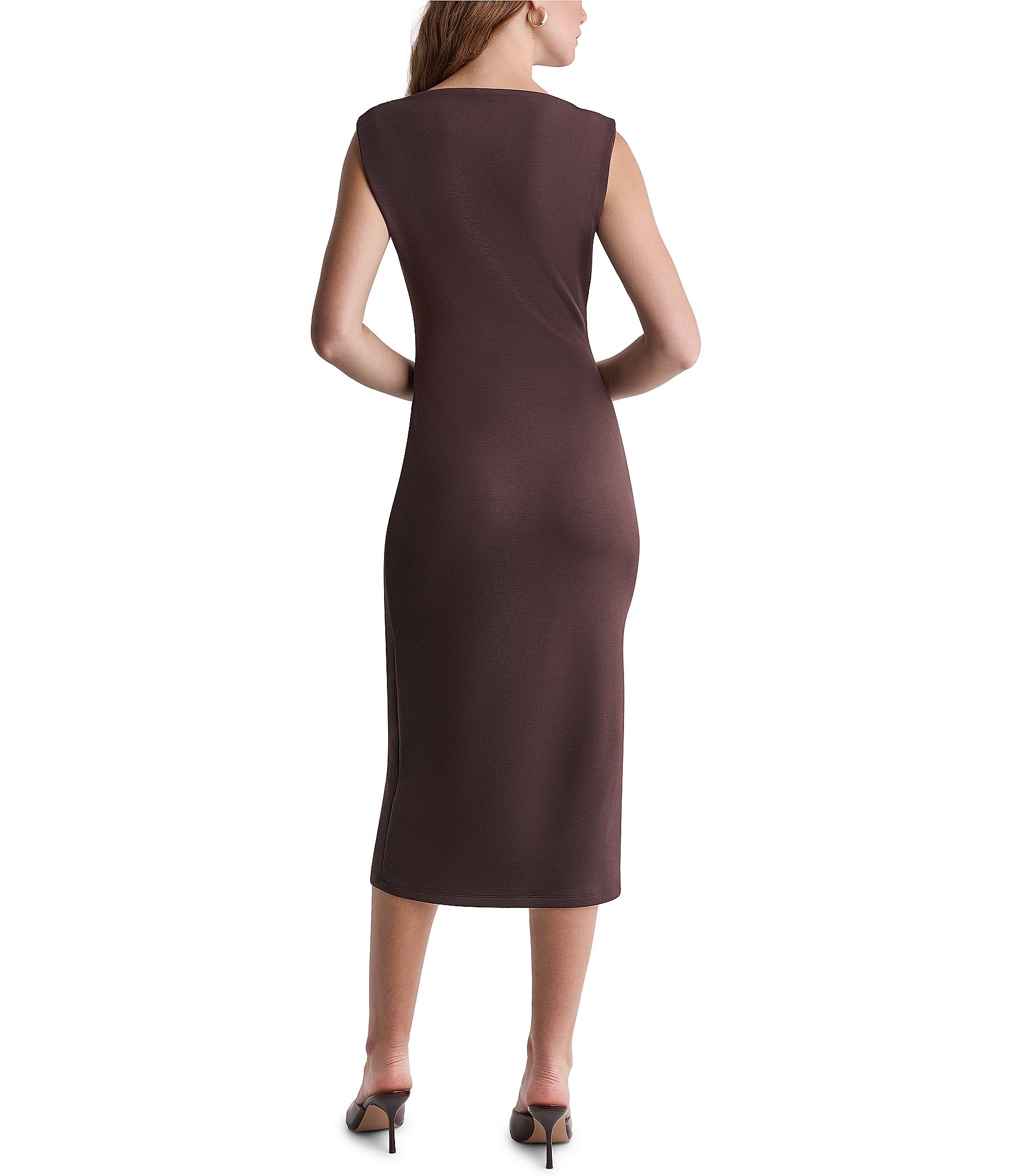 BCBG Knit Ruched Boat Neck Midi Dress