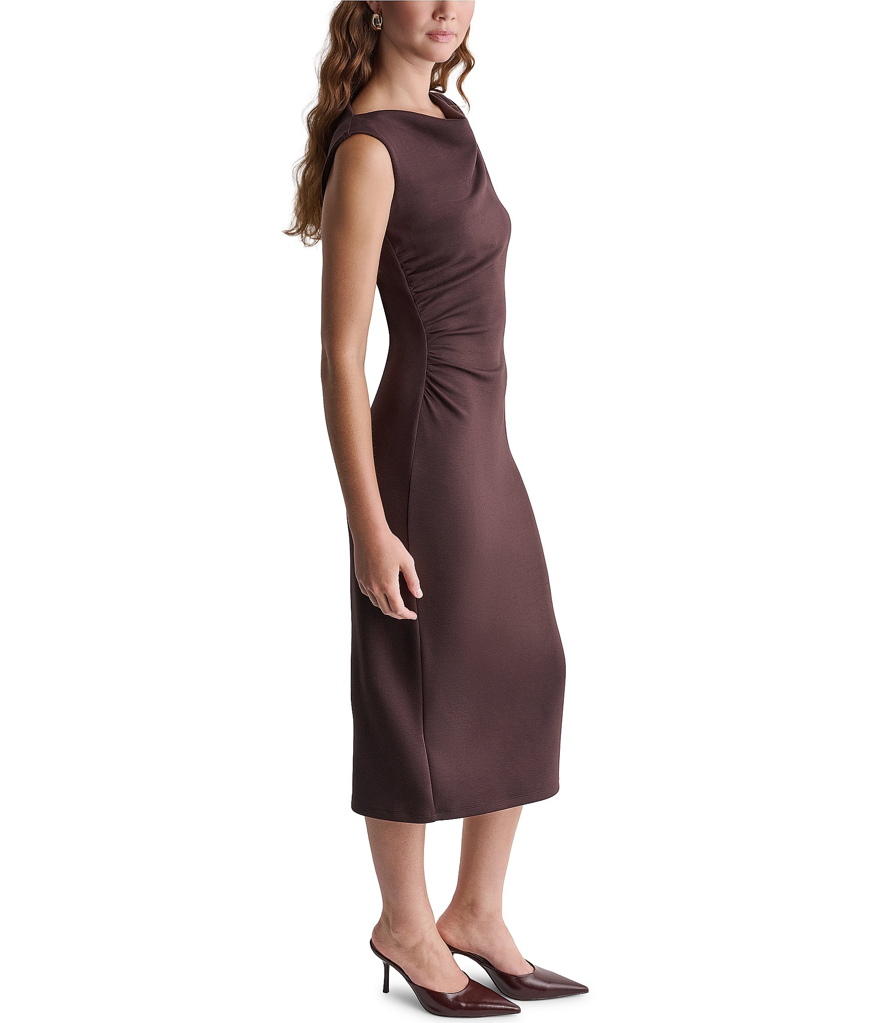 BCBG Knit Ruched Boat Neck Midi Dress