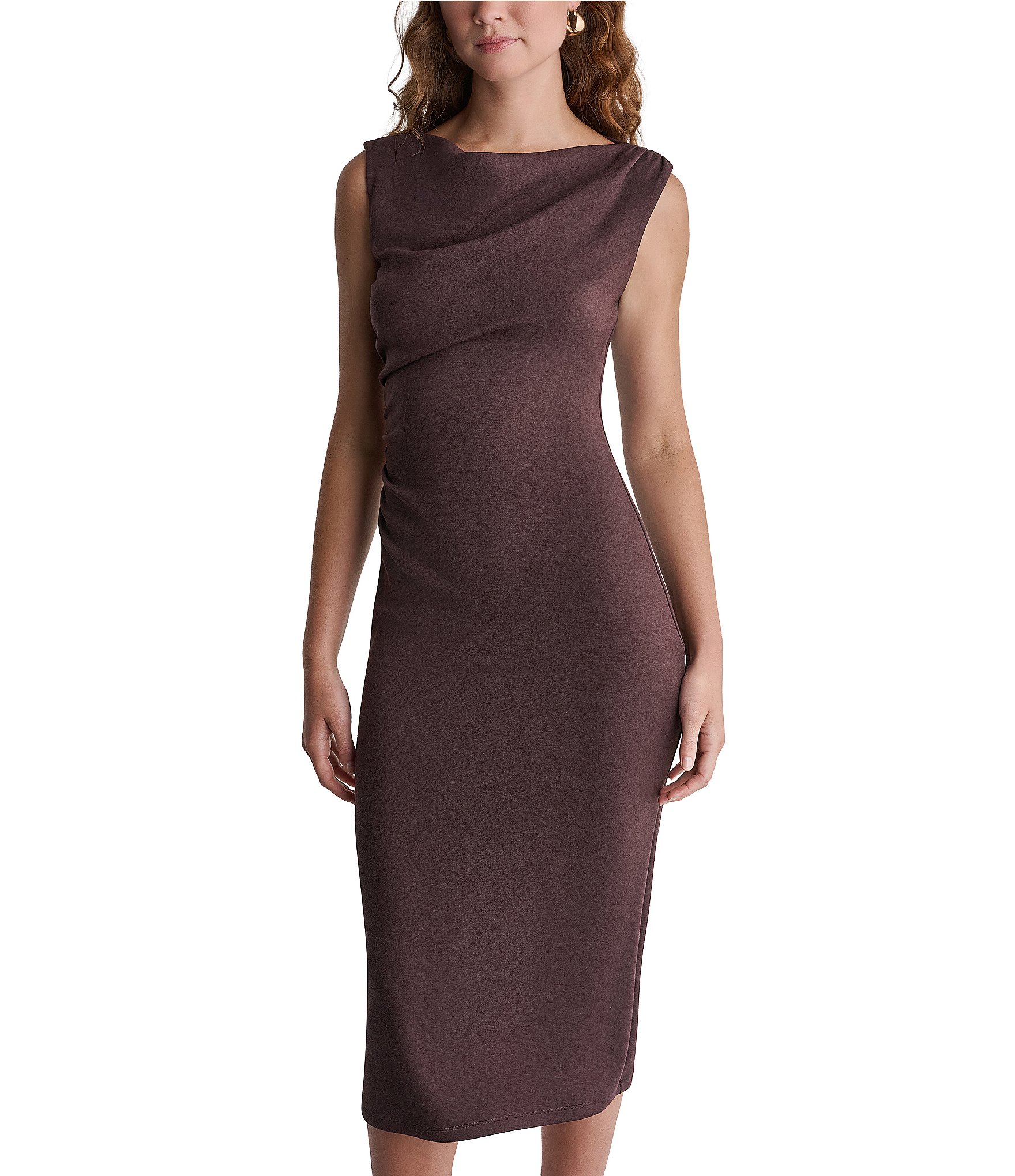 BCBG Knit Ruched Boat Neck Midi Dress