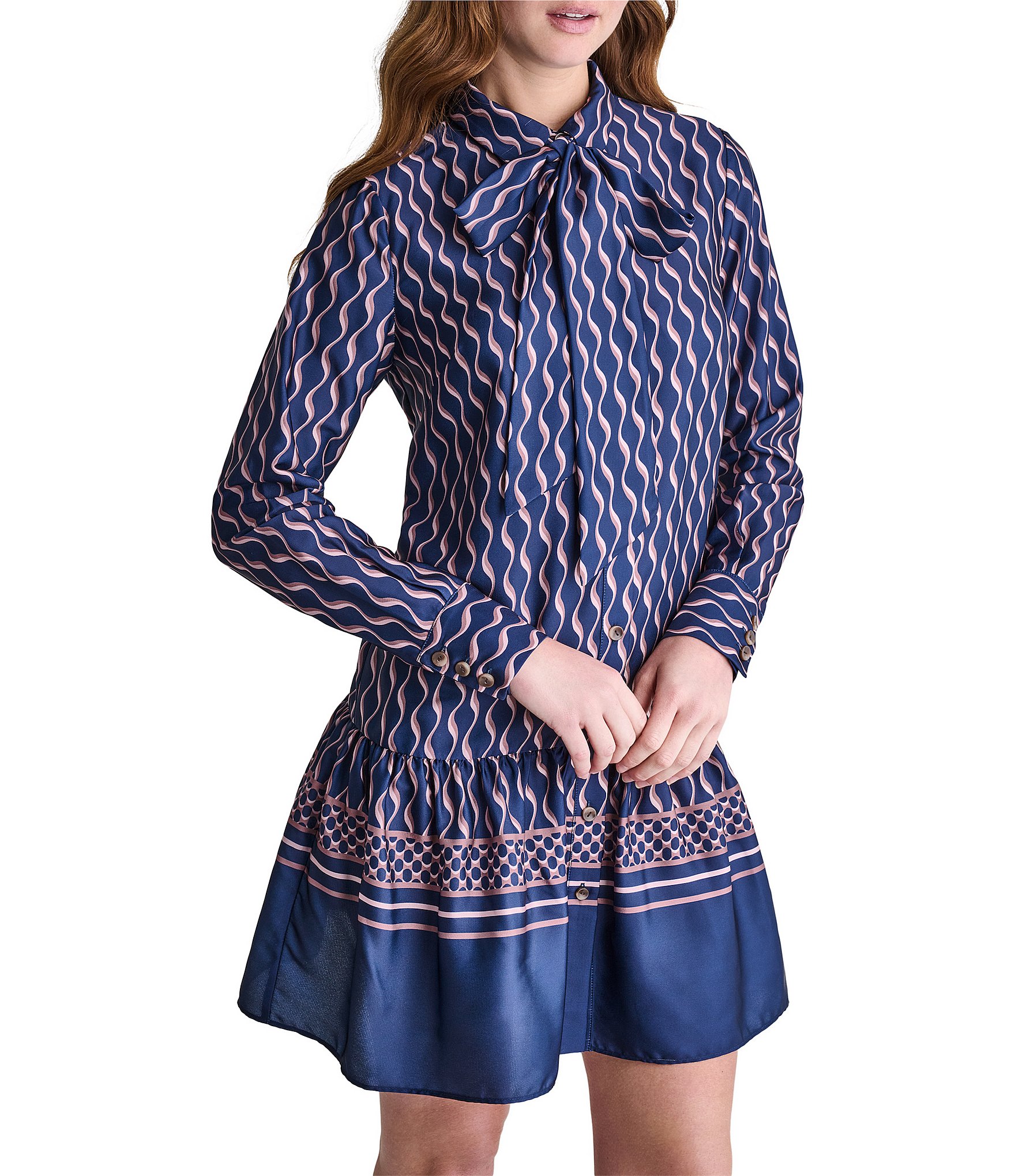 BCBG Mock Neck Tie Long Sleeve Shift Mini Dress