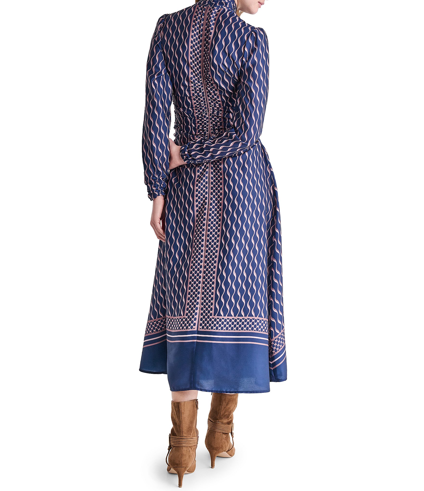 BCBG Printed Hammered Satin Long Sleeve Midi Dress